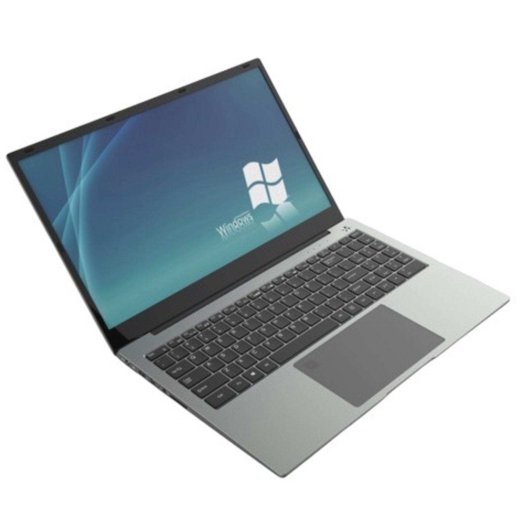 Gray IPS laptop with backlit keyboard running Windows, open on white background TUTT