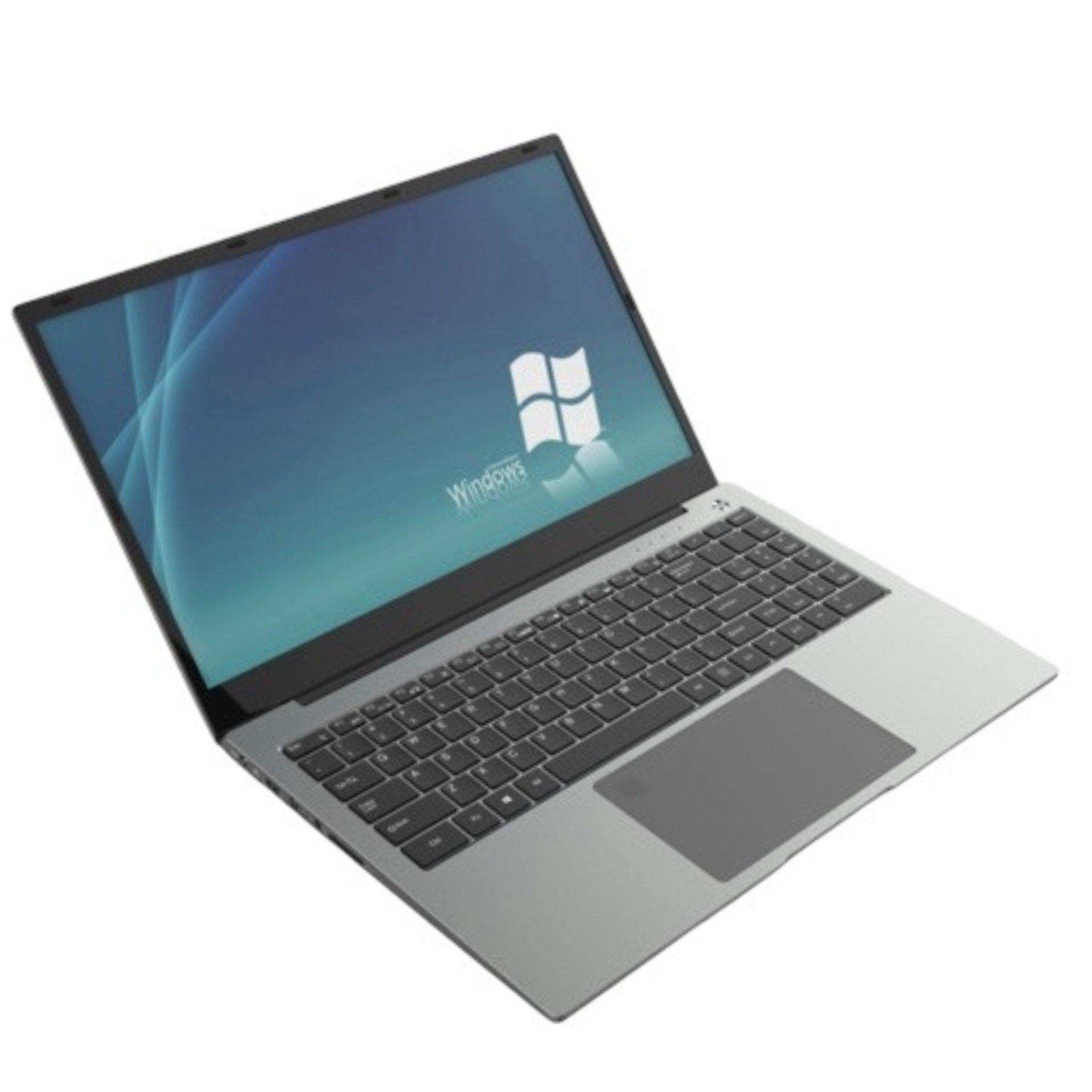 Gray IPS laptop with backlit keyboard and Windows logo on screen, angled view, TUTT