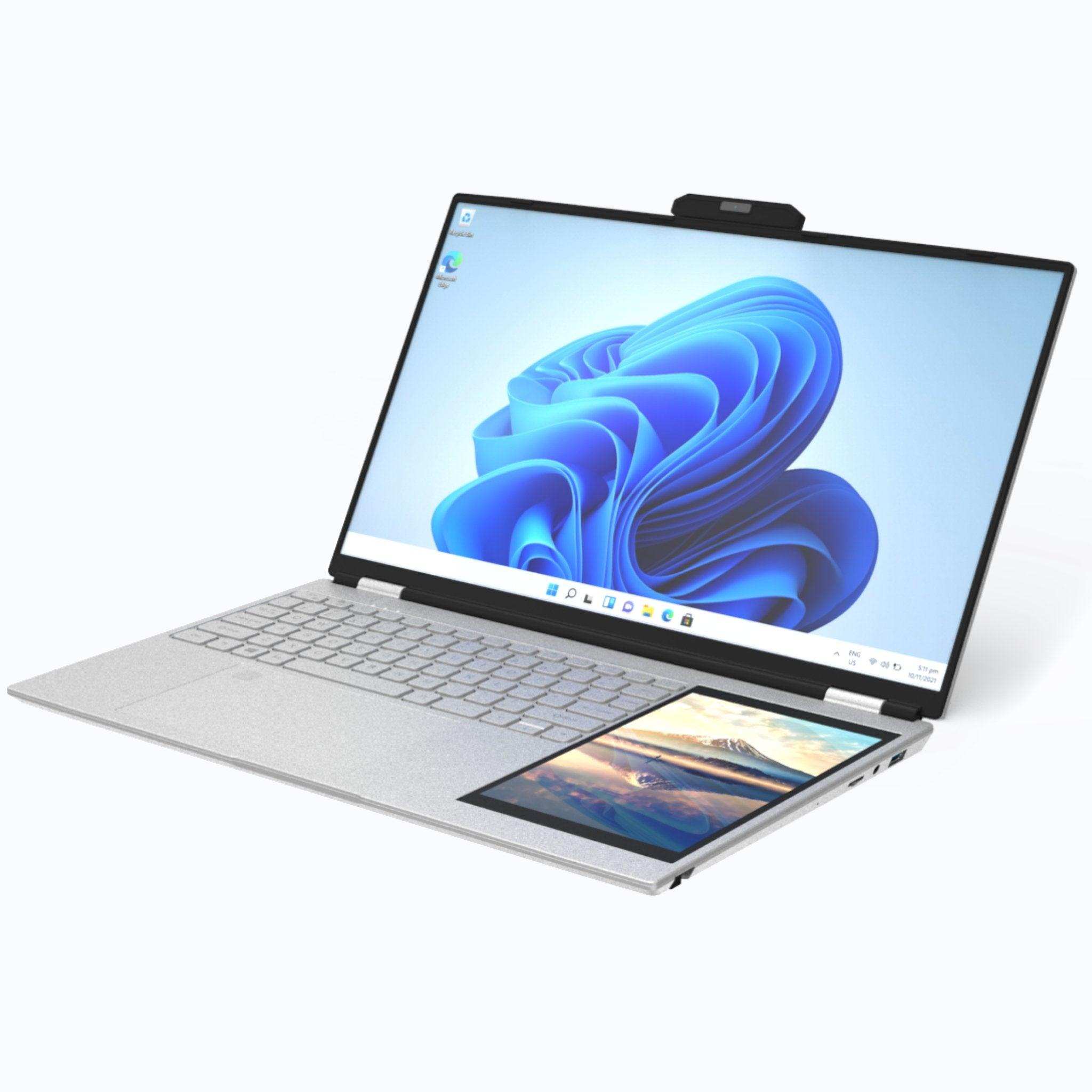 Silver dual screen laptop with mini touch display, Windows 11 Pro, open on white background TUTT