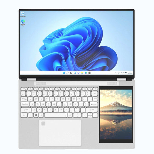 Silver dual-screen laptop with IPS display, touch mini screen, white keyboard, Windows 11. TUTT