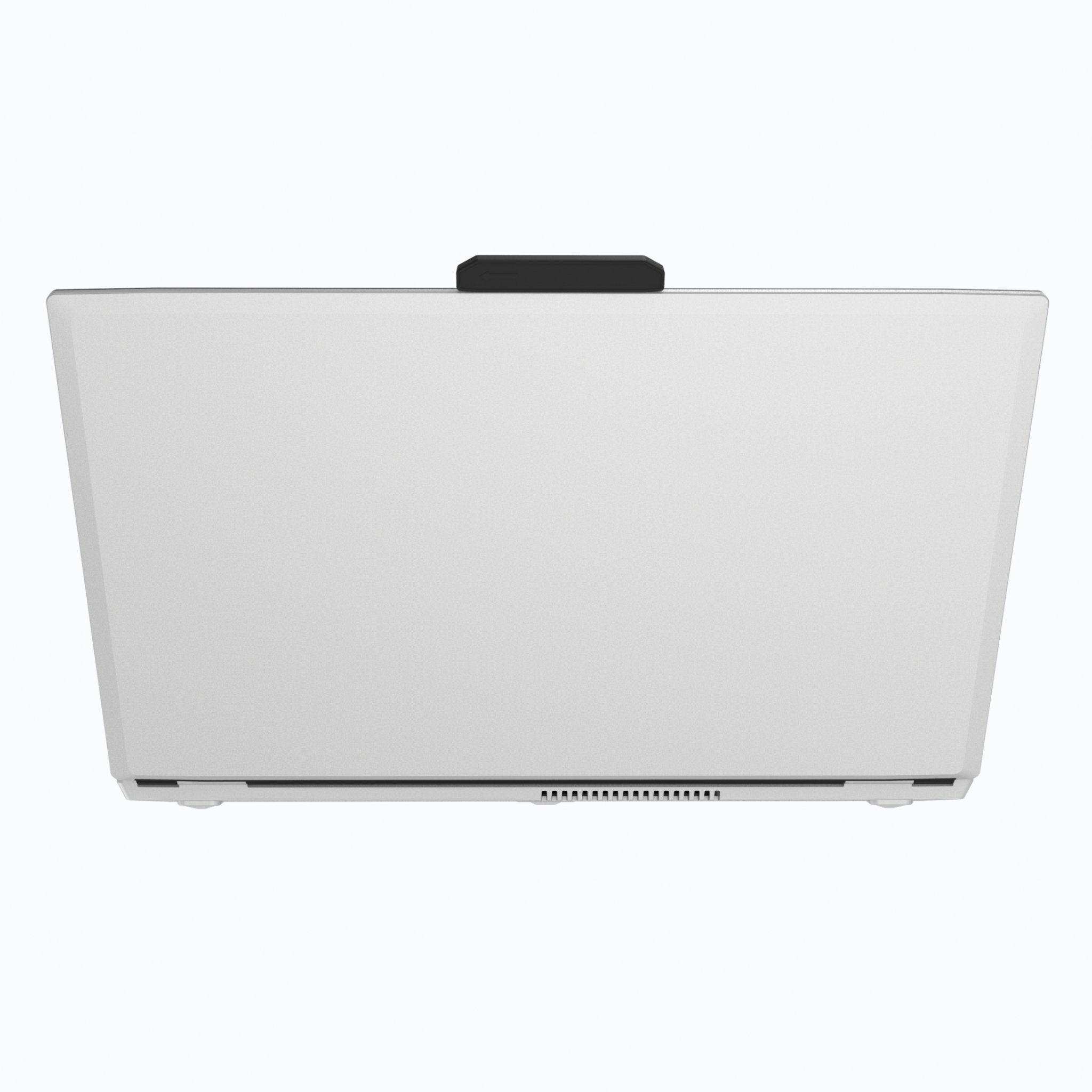 Closed silver laptop rear view with raised black hinge on light background TUTT