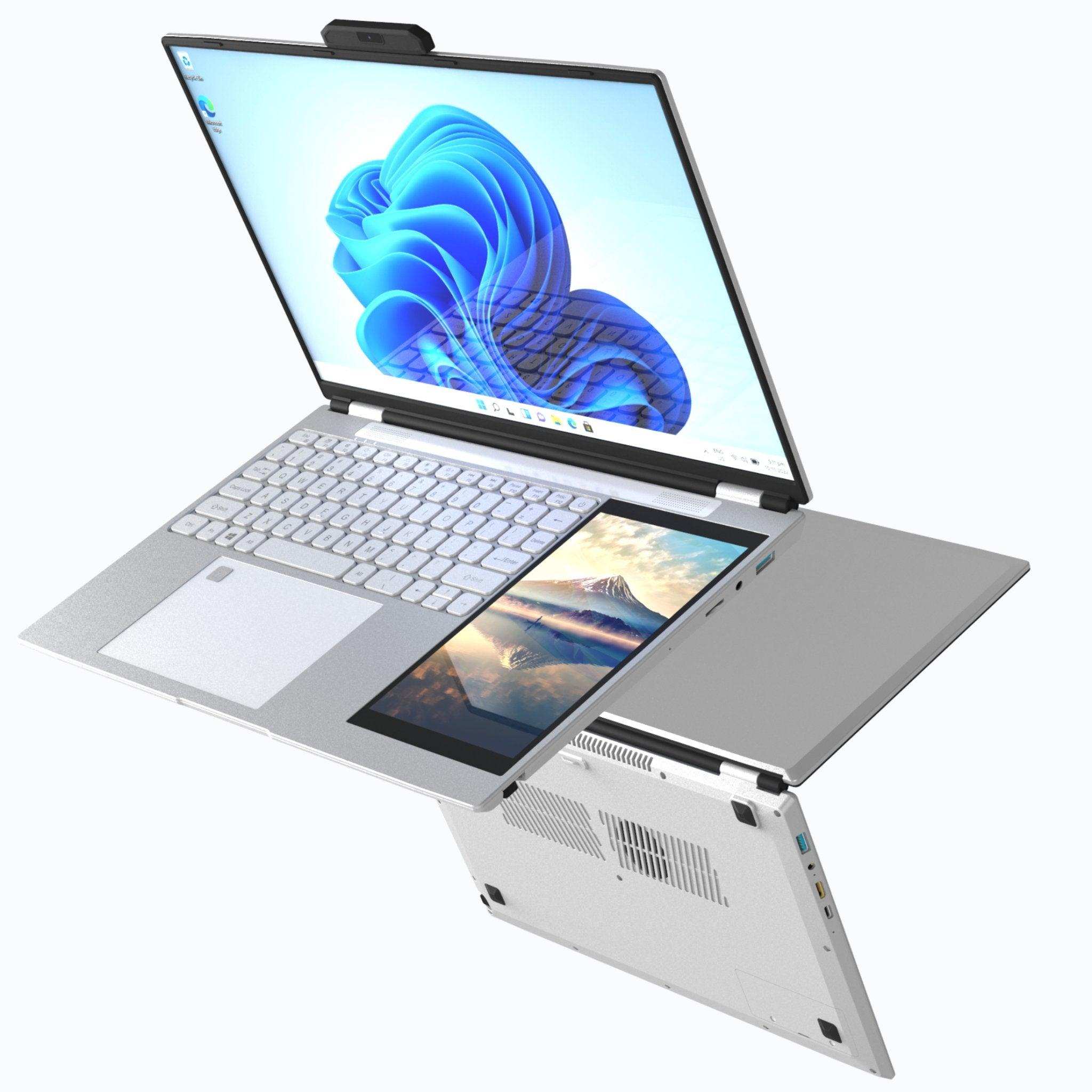 Silver dual-screen laptop with mini touch screen, backlit keyboard, Windows 11 Pro, TUTT
