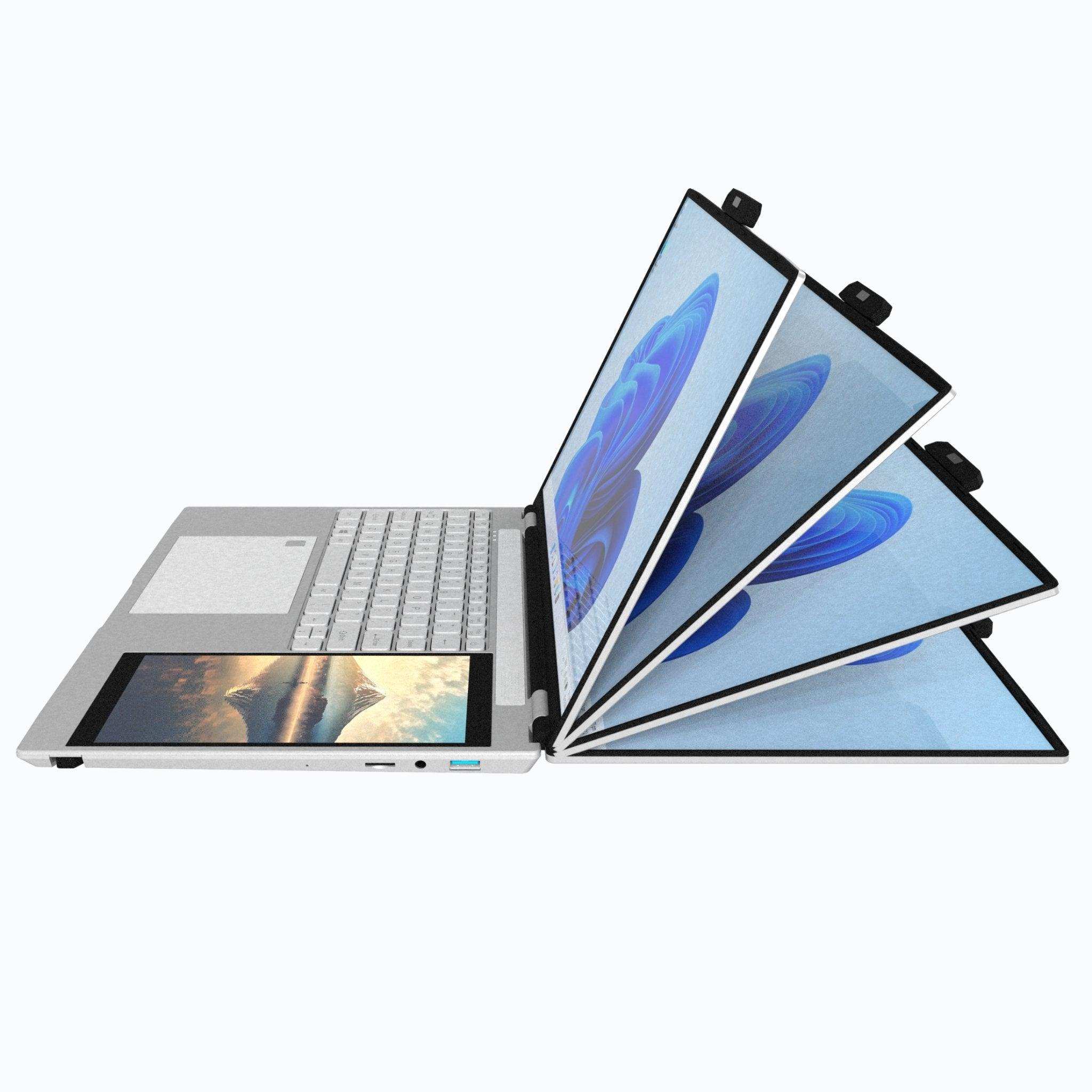Silver dual-screen laptop with mini touch display, backlit keyboard, and adjustable IPS screen, TUTT
