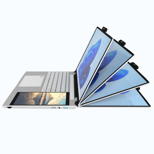Silver dual-screen laptop with mini touch display, backlit keyboard, and adjustable IPS screen, TUTT