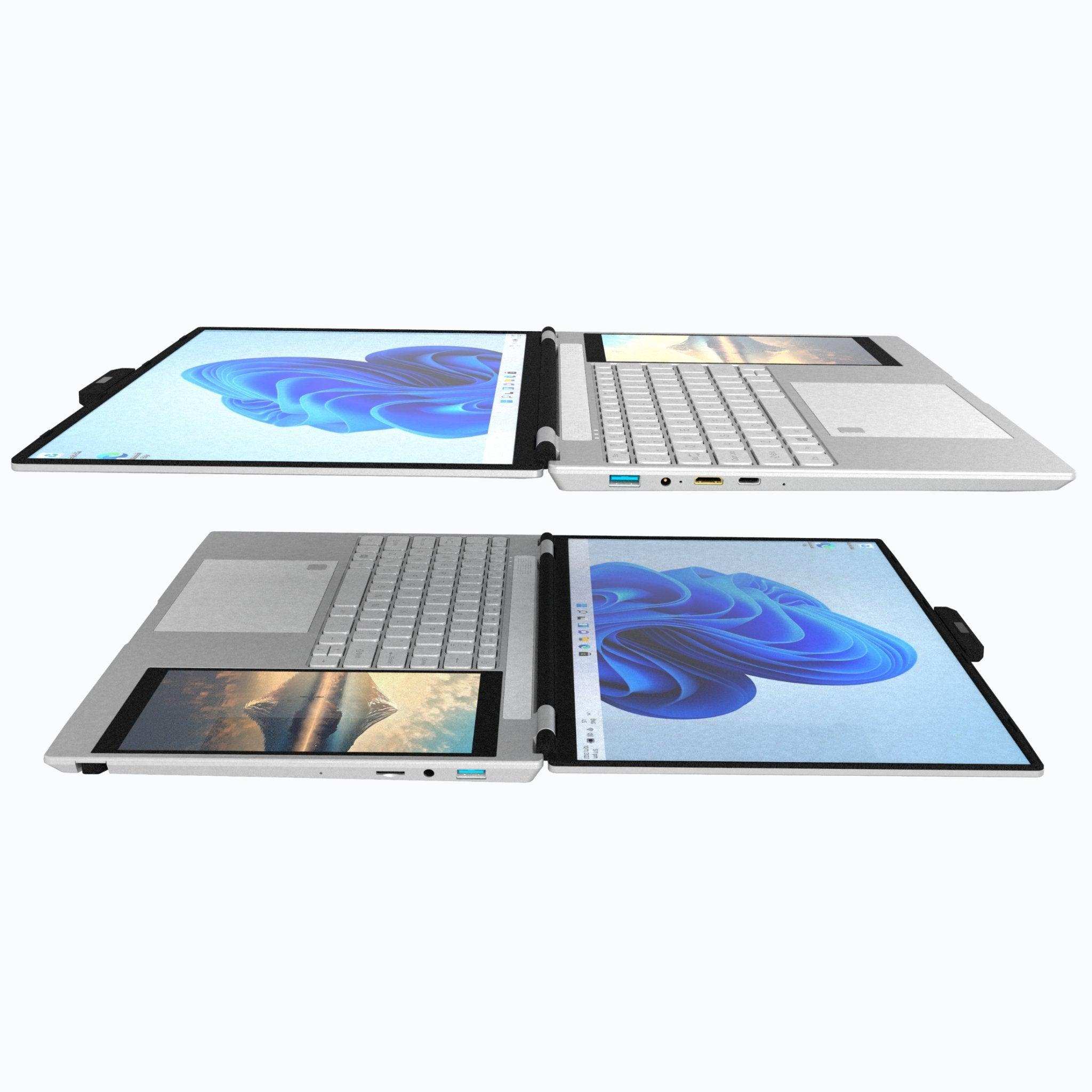 Silver dual screen laptop with mini touch display, open flat, showing backlit keyboard. TUTT