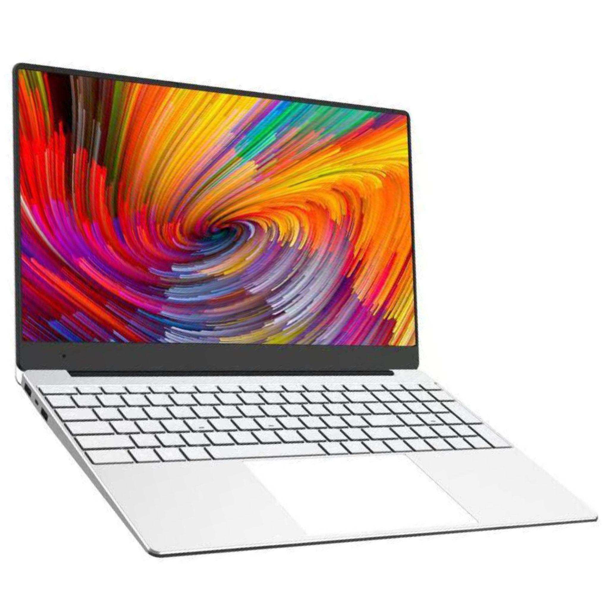 Silver laptop with white keyboard and vibrant swirl display on screen, shown on white background TUTT