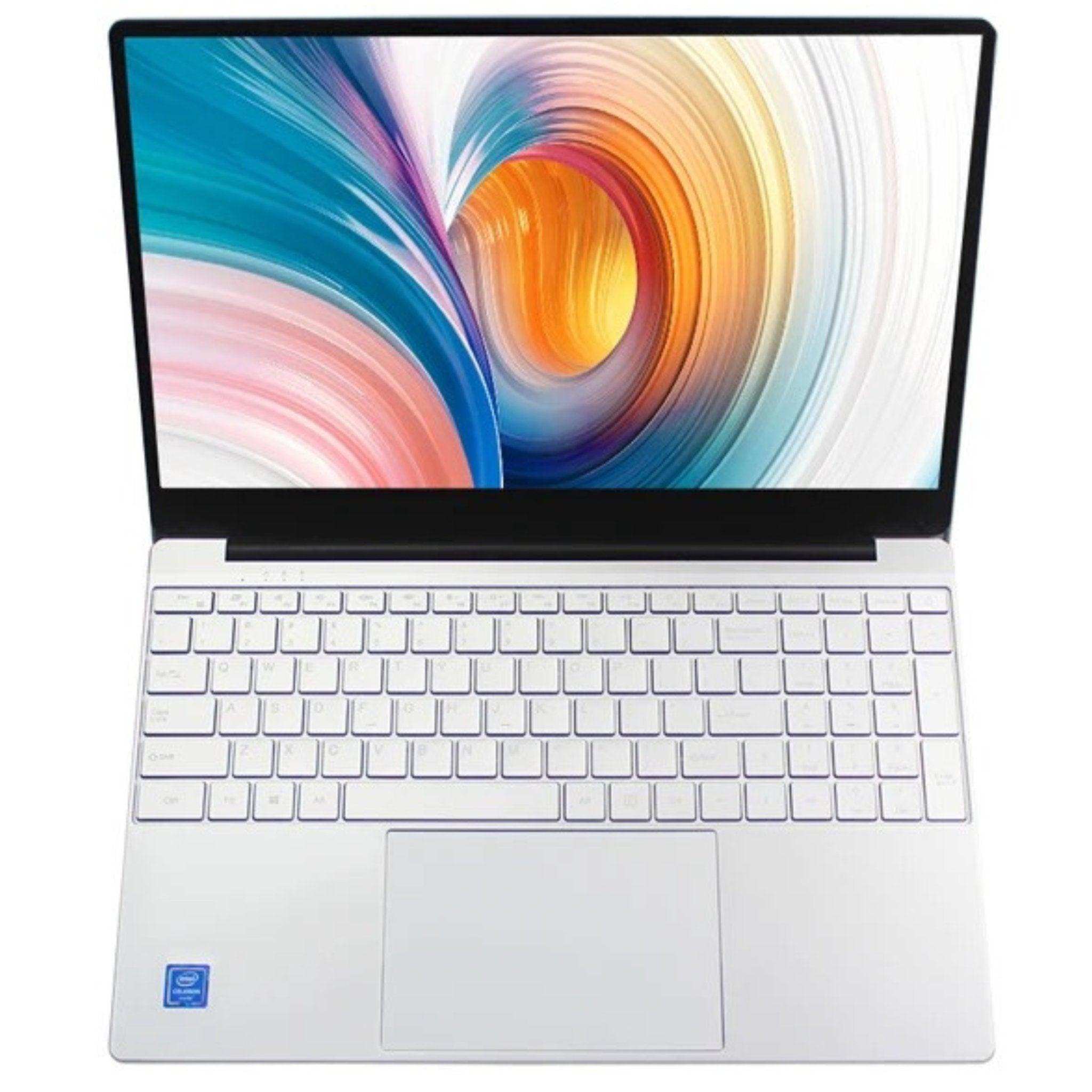 Silver laptop with white backlit keyboard and colorful screen, viewed from above. TUTT