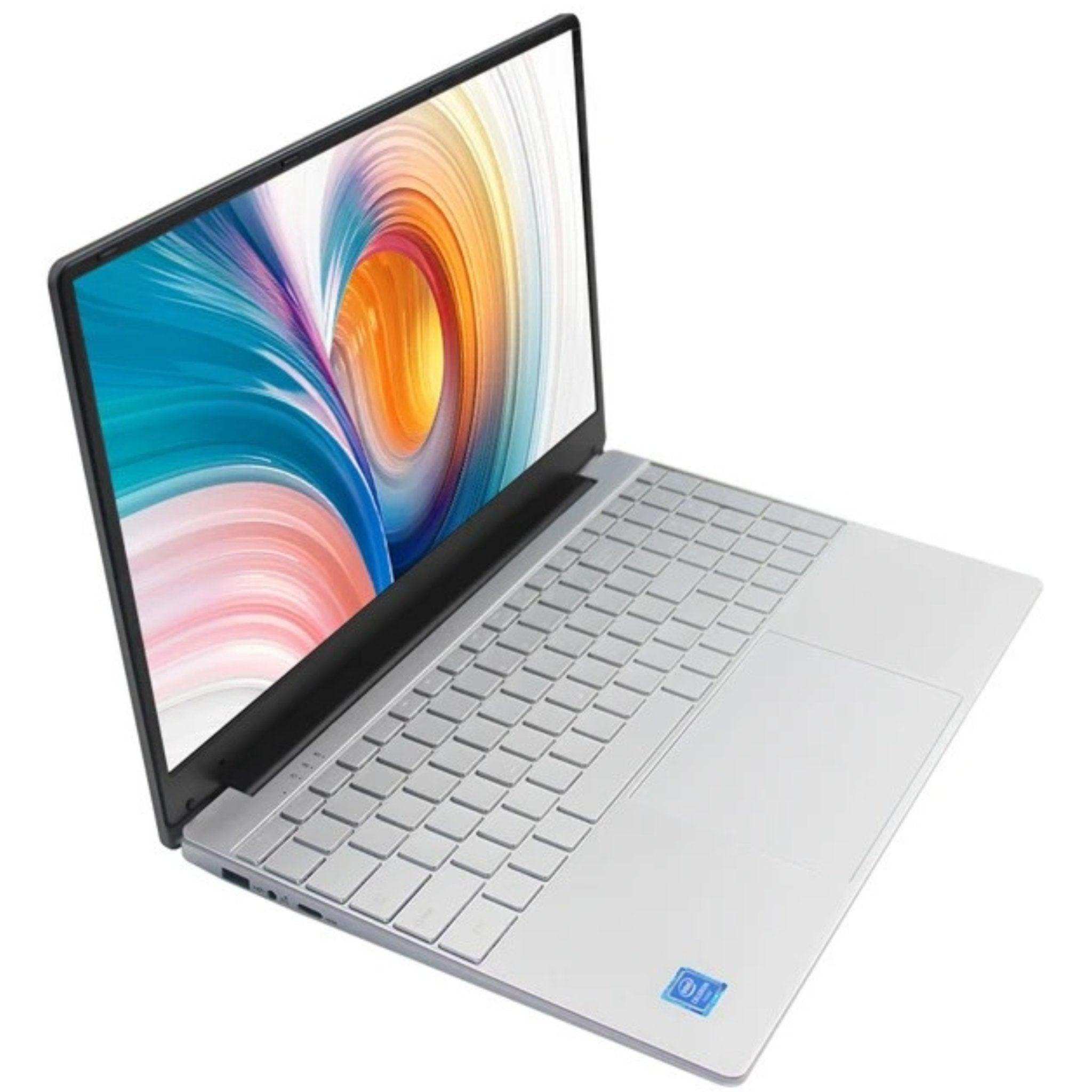 Silver laptop with backlit keyboard and colorful display, angled left on white background. TUTT