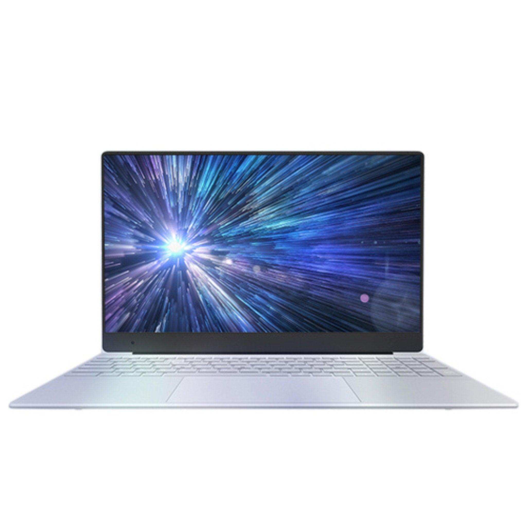 Silver laptop with backlit keyboard and blue burst display on screen, front view TUTT