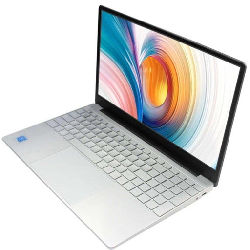 Silver laptop with 15.6-inch display, slim bezel, and backlit keyboard on white background TUTT