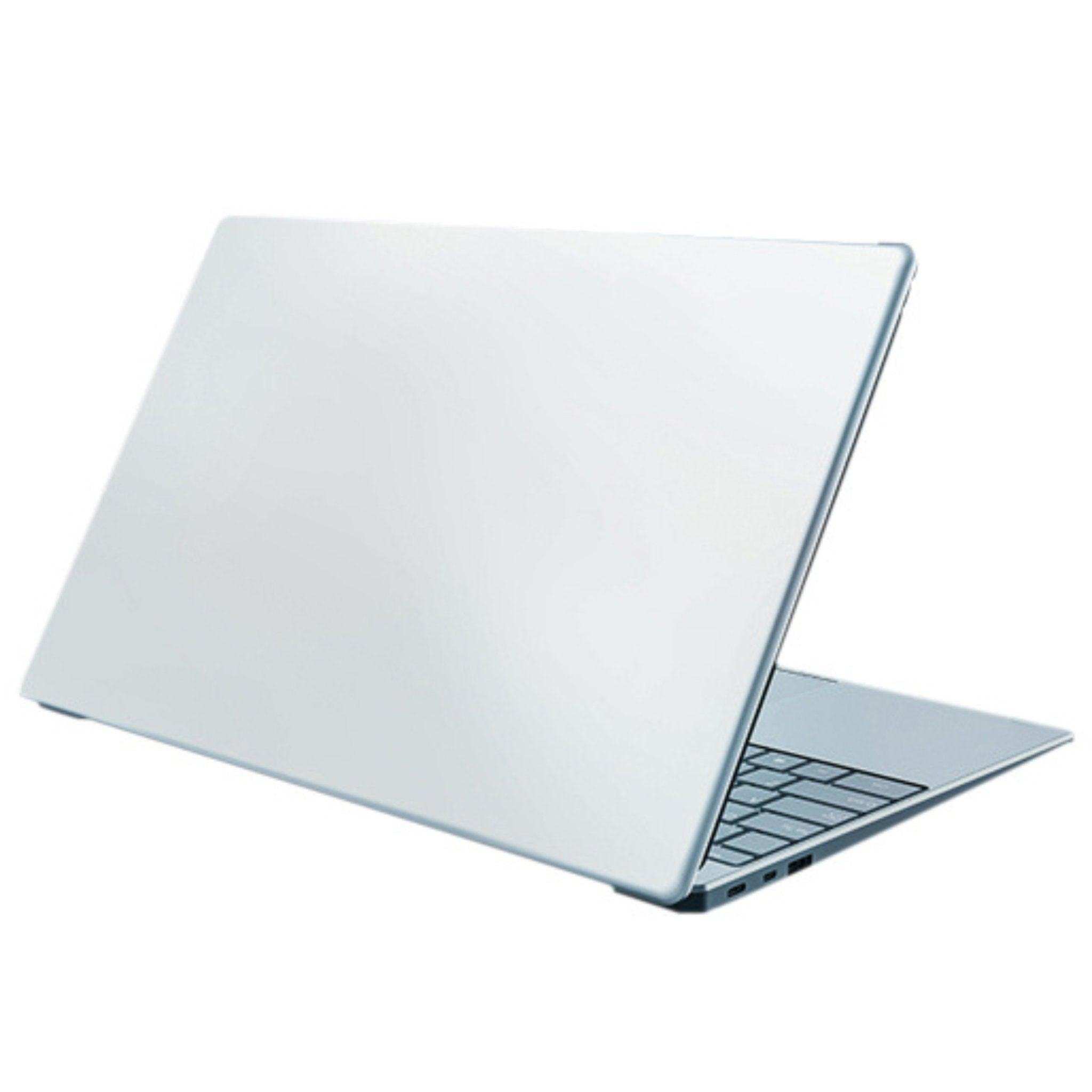 Sleek silver laptop with backlit keyboard, side ports visible, open on white background TUTT