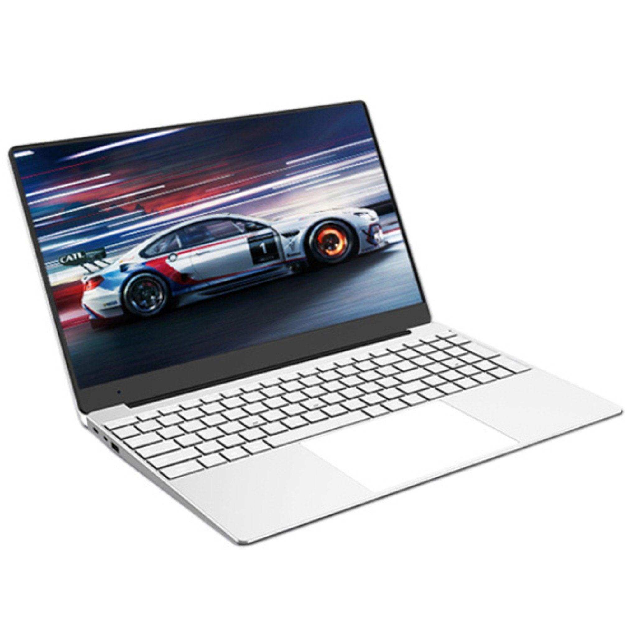 Silver IPS laptop with backlit keyboard displaying a race car on screen, angled view TUTT