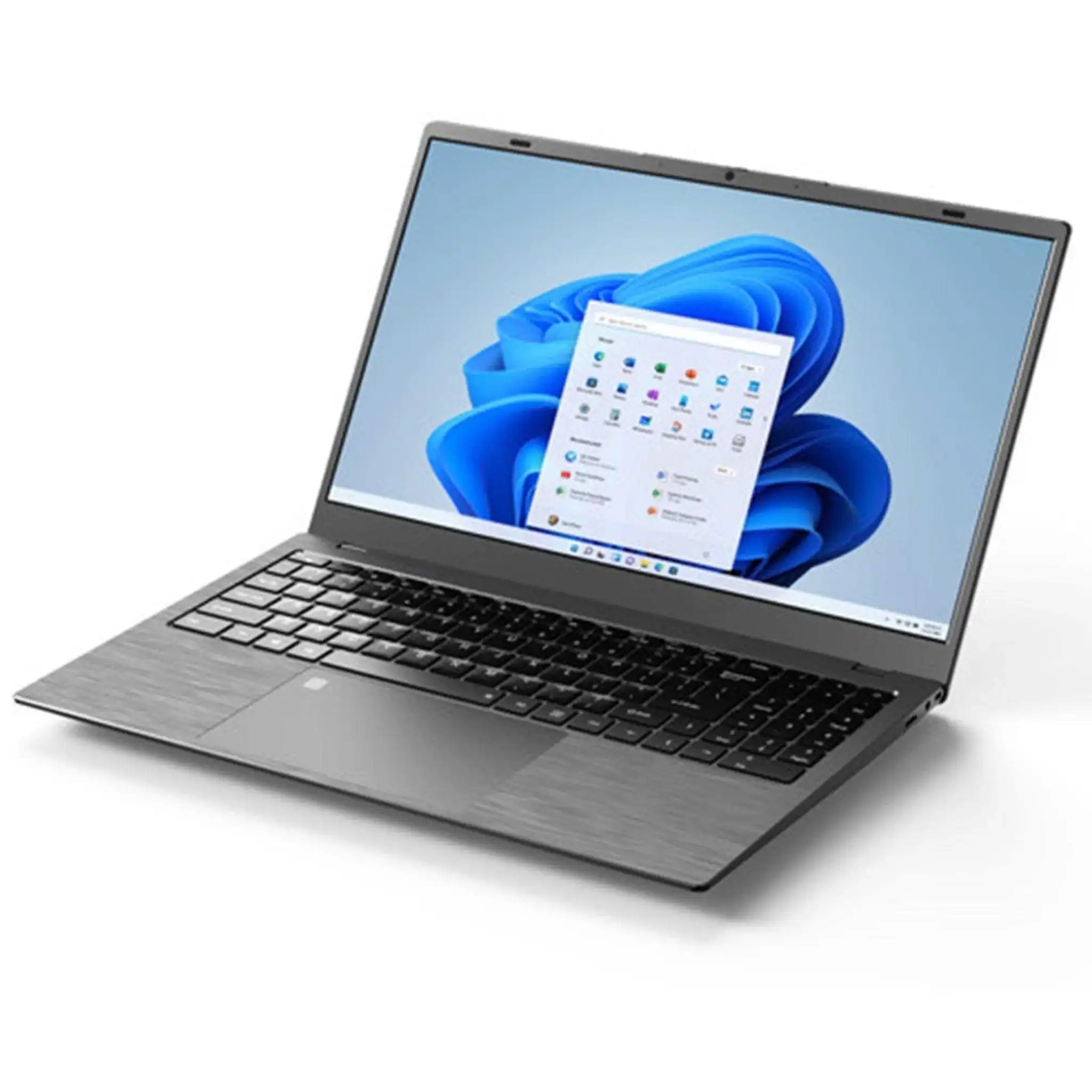 Gray laptop with backlit keyboard and Windows 11 Pro open on screen, desk setting, TUTT