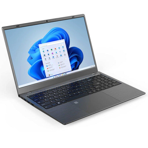 Gray IPS laptop with backlit keyboard, Windows 11 Pro home screen, angled view, TUTT