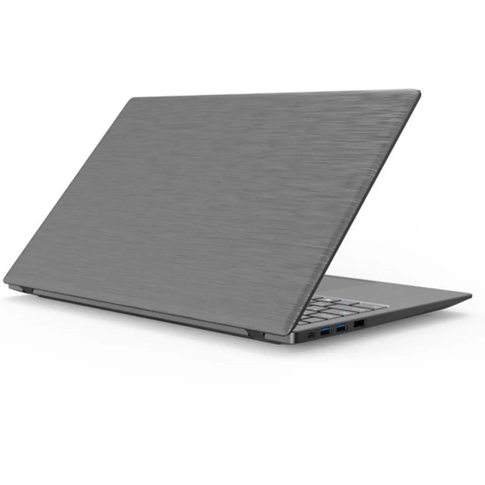Slim gray laptop with brushed metal finish, partially open on white background, side ports visible TUTT