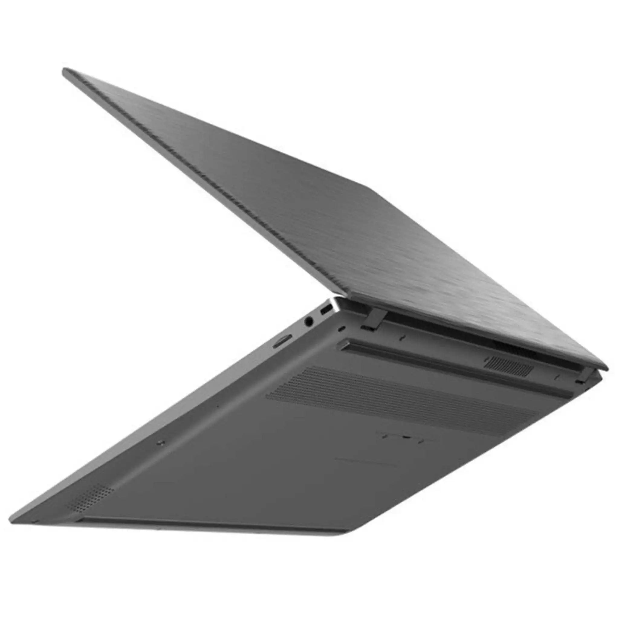 Slim gray laptop partially open, brushed aluminum finish, sleek modern design TUTT