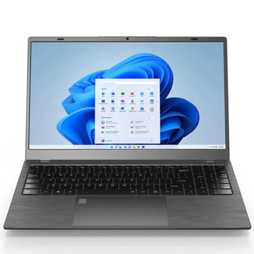 Gray IPS laptop with backlit keyboard displaying Windows 11 home screen on desk, TUTT