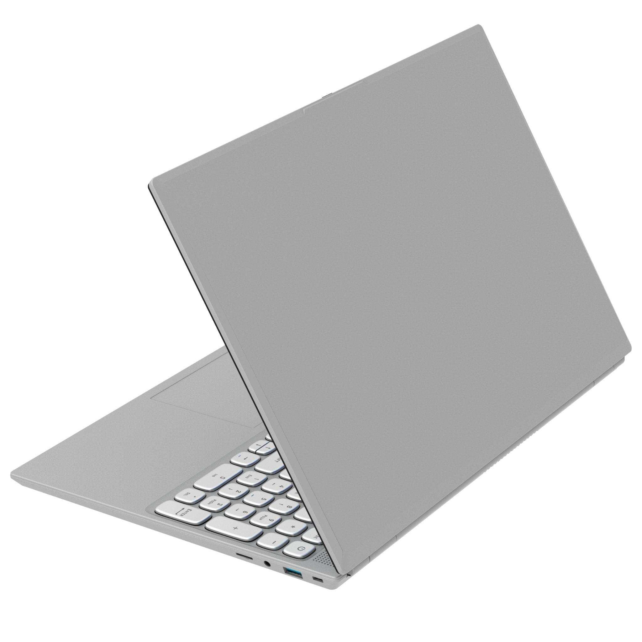 Sleek silver laptop partially open with white backlit keyboard on white background, TUTT