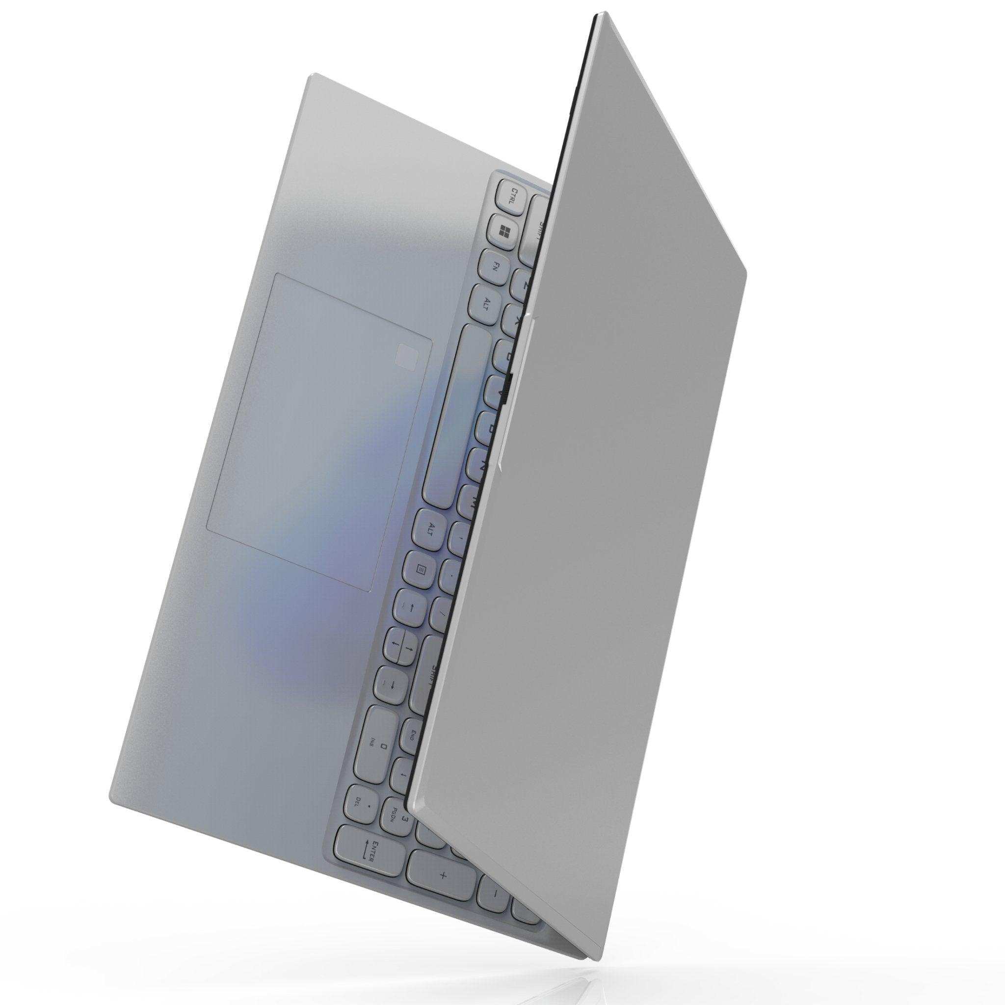 Silver slim laptop with backlit keyboard and large touchpad on white background, TUTT