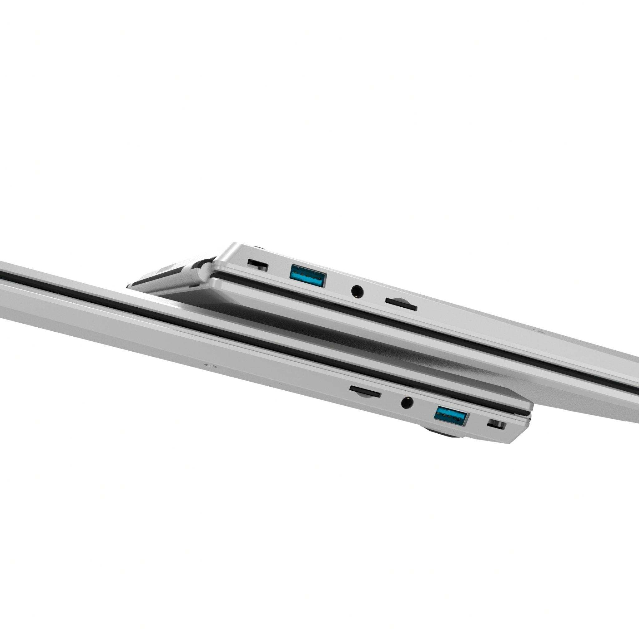 Side view of slim silver laptop with USB ports and headphone jack, modern design TUTT