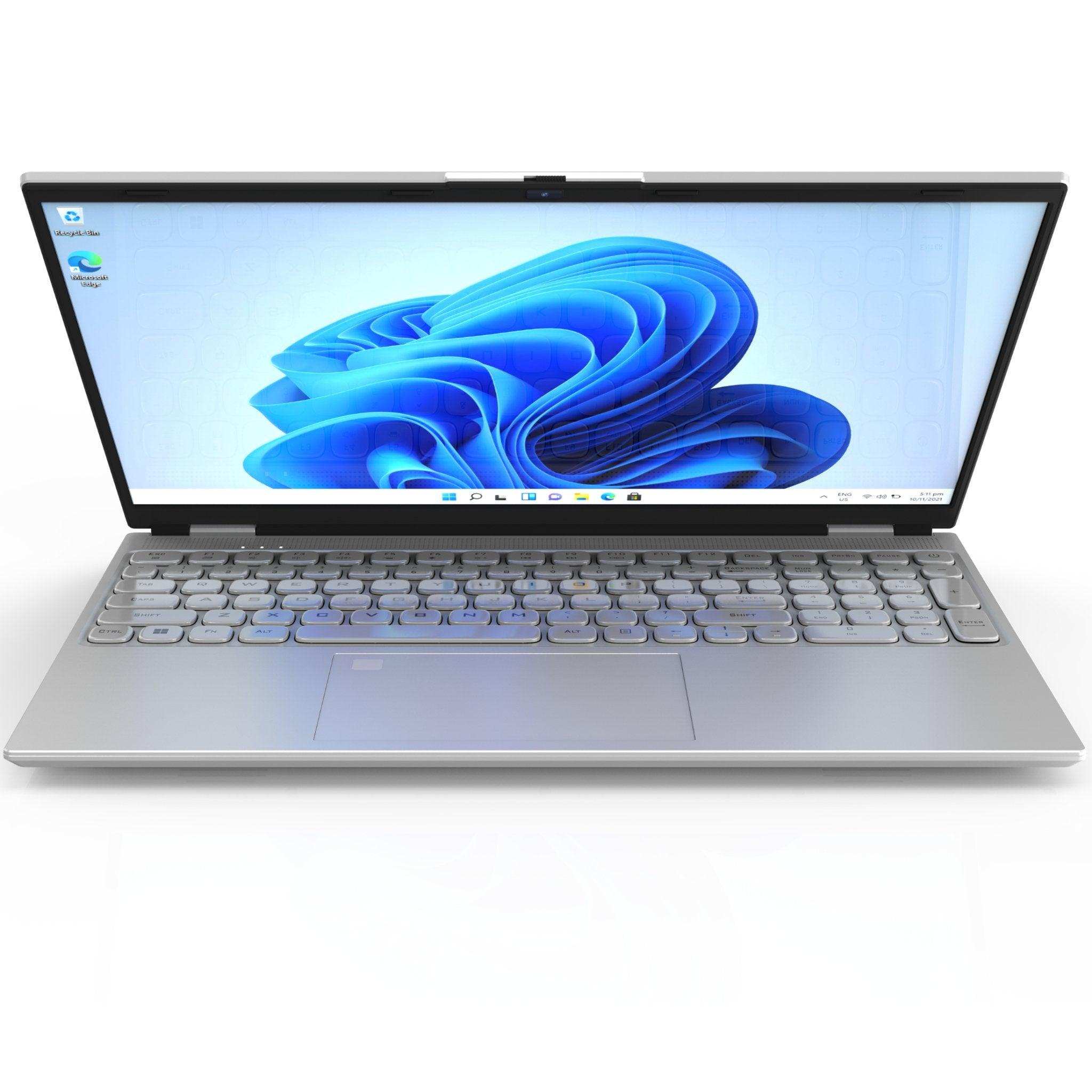 Silver laptop with backlit keyboard and Windows 11 Pro on screen, front view TUTT