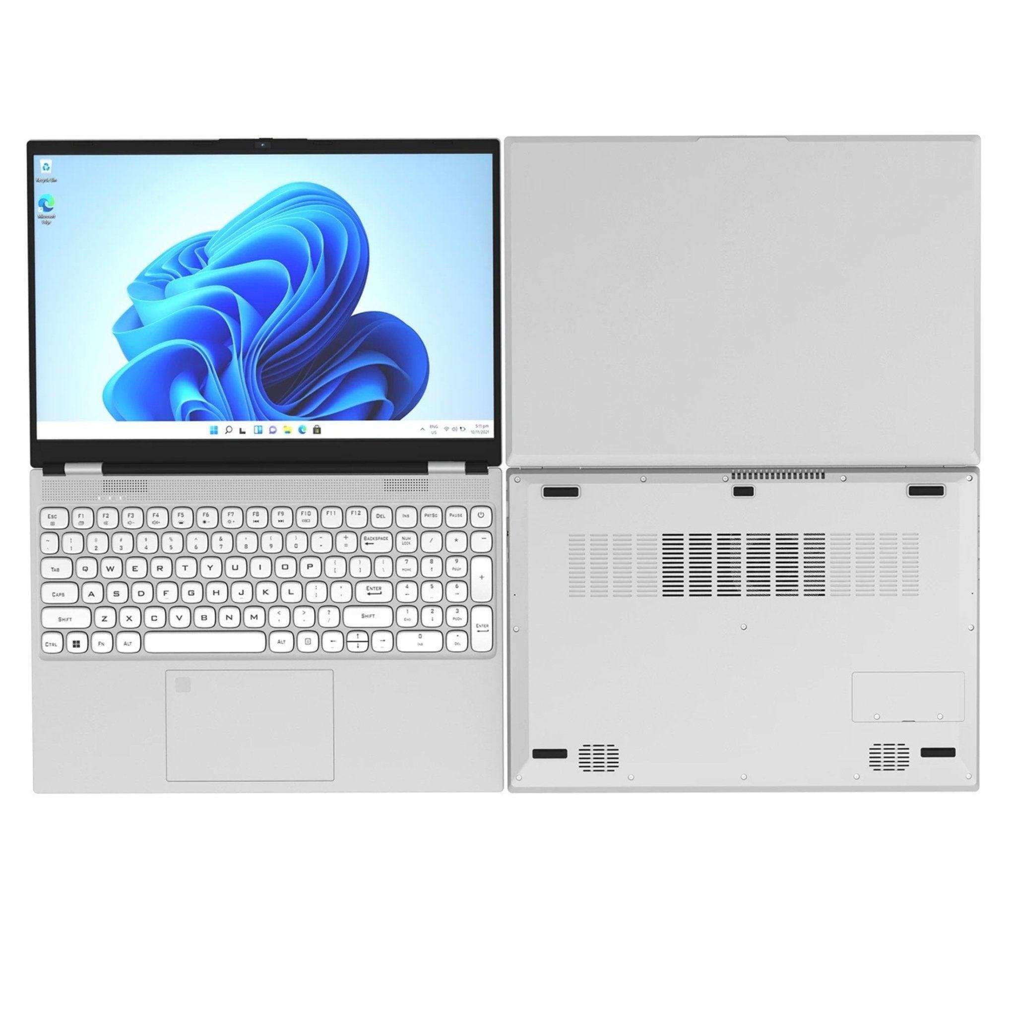 Silver 16-inch laptop open, showing backlit keyboard and Windows 11 screen, top view, TUTT