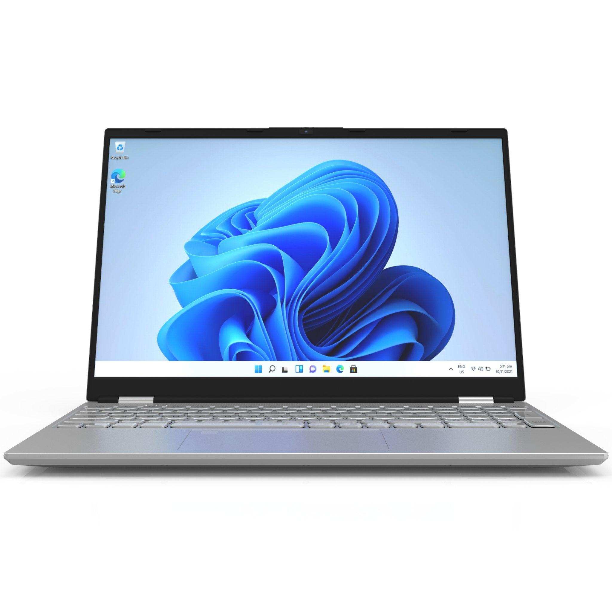 Silver laptop with 16-inch display, Windows 11 Pro open, and backlit keyboard, TUTT