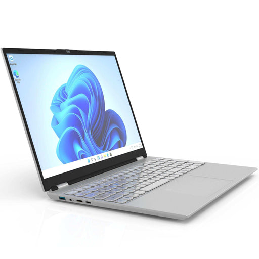 Silver 16-inch IPS laptop with backlit keyboard, Windows 11 Pro, shown on white background. TUTT