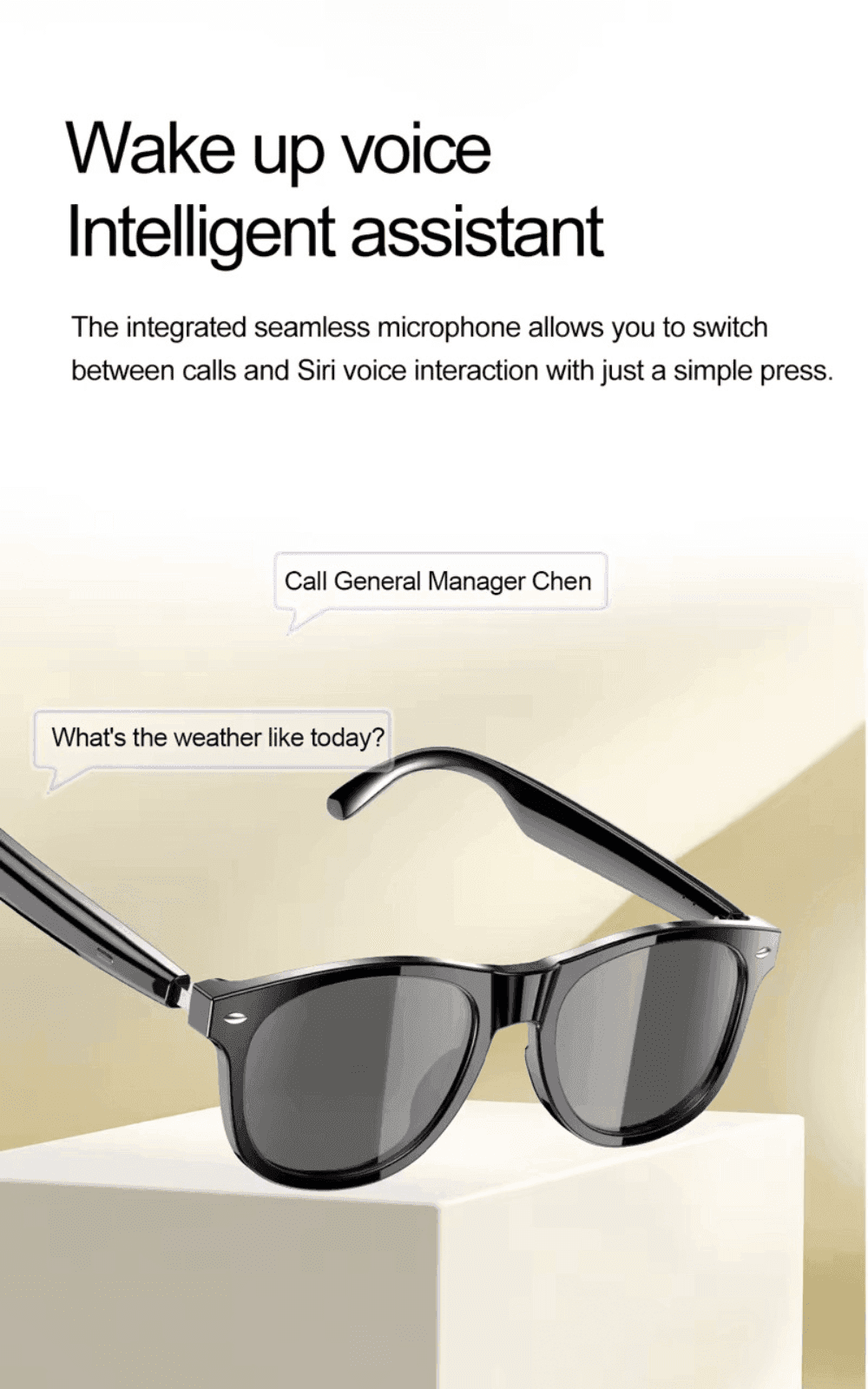 Black smart Bluetooth sunglasses with AI voice assistant call and music features on beige pedestal, TUTT