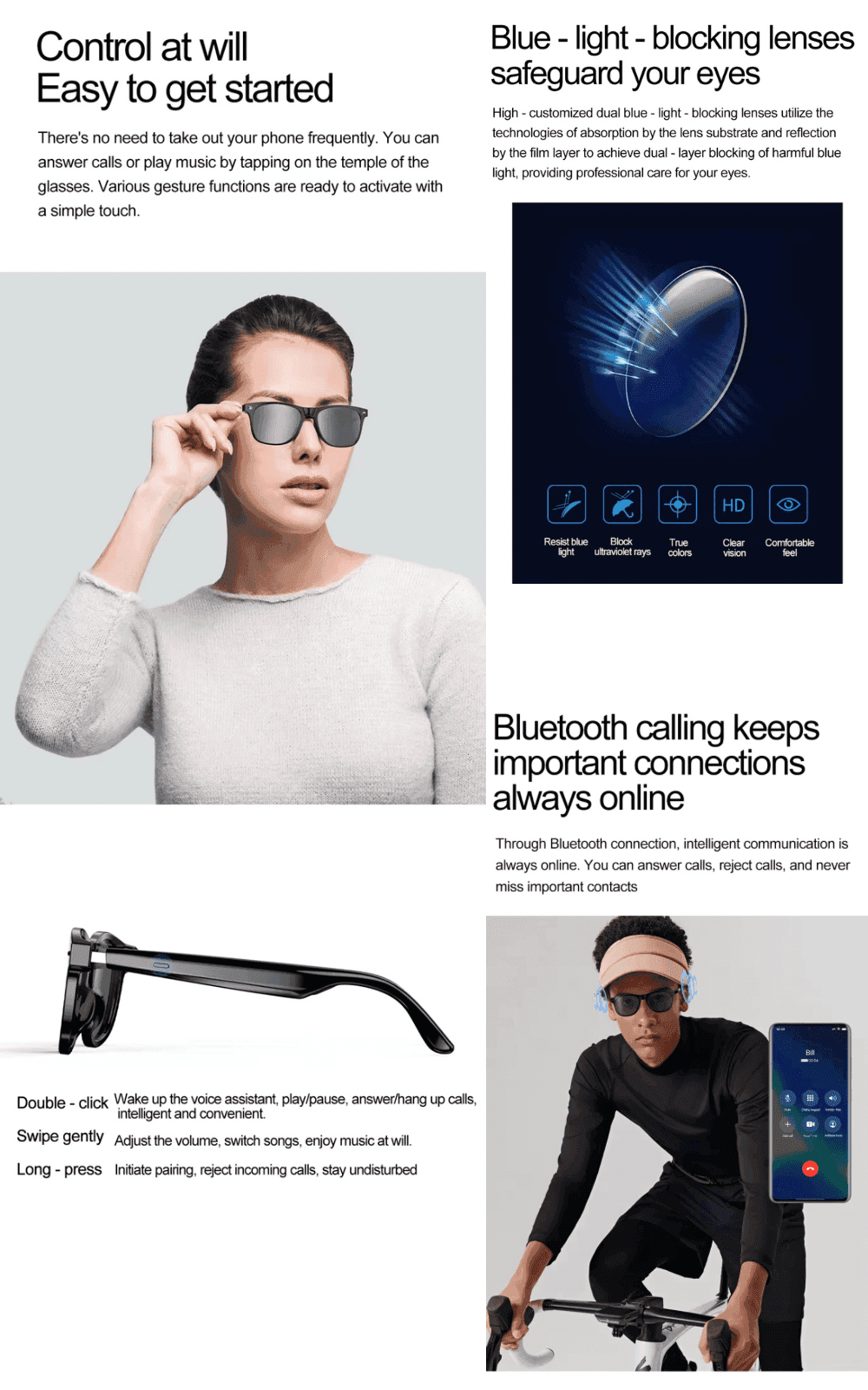Smart Bluetooth sunglasses with blue-light blocking lenses, AI voice assistant, cyclist demo, TUTT