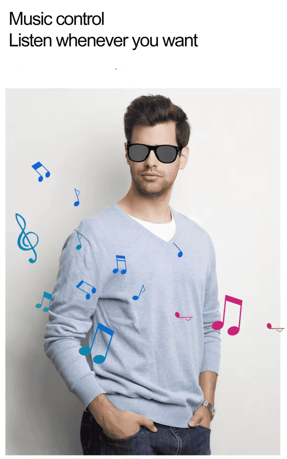 Man wearing smart Bluetooth sunglasses with music notes, promoting music control feature. TUTT