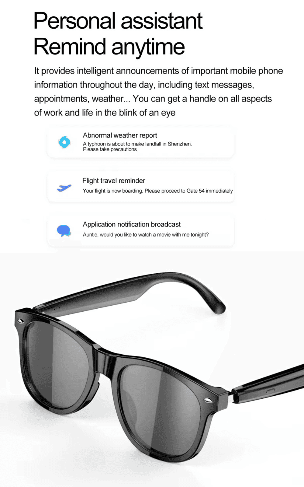 Black smart Bluetooth sunglasses with AI voice assistant and notification reminders, TUTT