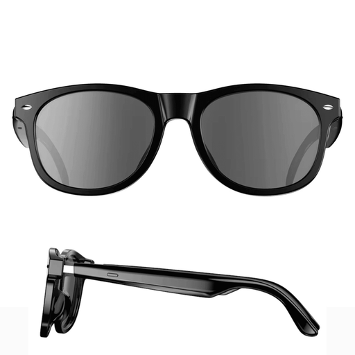Smart black Bluetooth sunglasses with glossy frame and thick arms, front and side view, TUTT