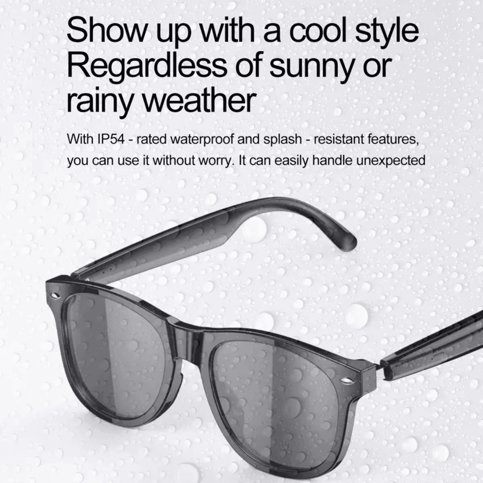 Black smart Bluetooth sunglasses with raindrops, IP54 waterproof, text overlay, TUTT