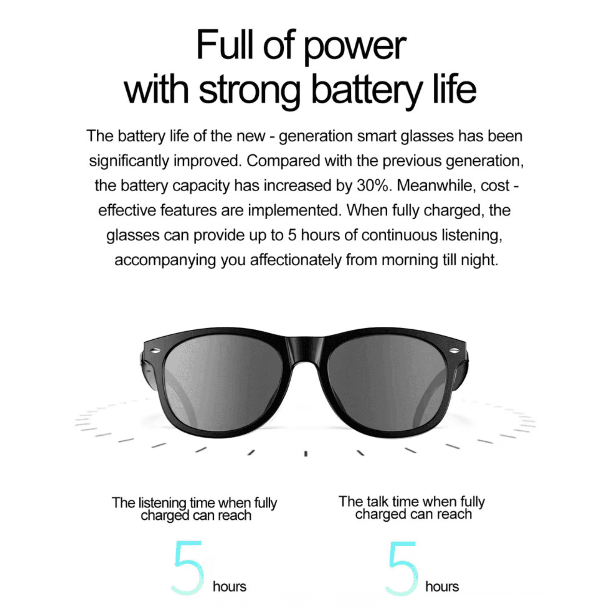 TUTT E8 smart Bluetooth sunglasses with black frames, strong battery life, 5 hours talk and music.
