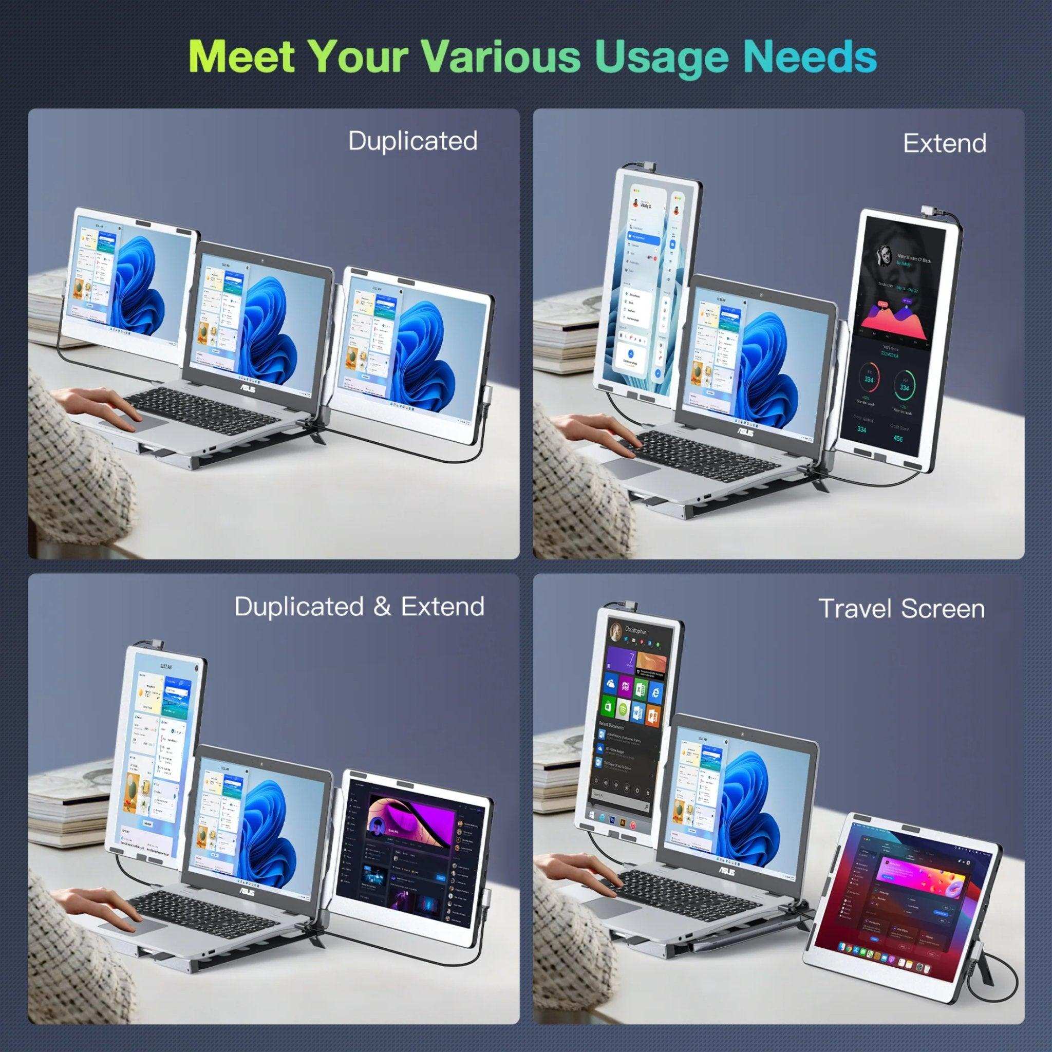 TUTT F2 portable laptop monitor extender showing duplicated, extended, and travel screen modes TUTT