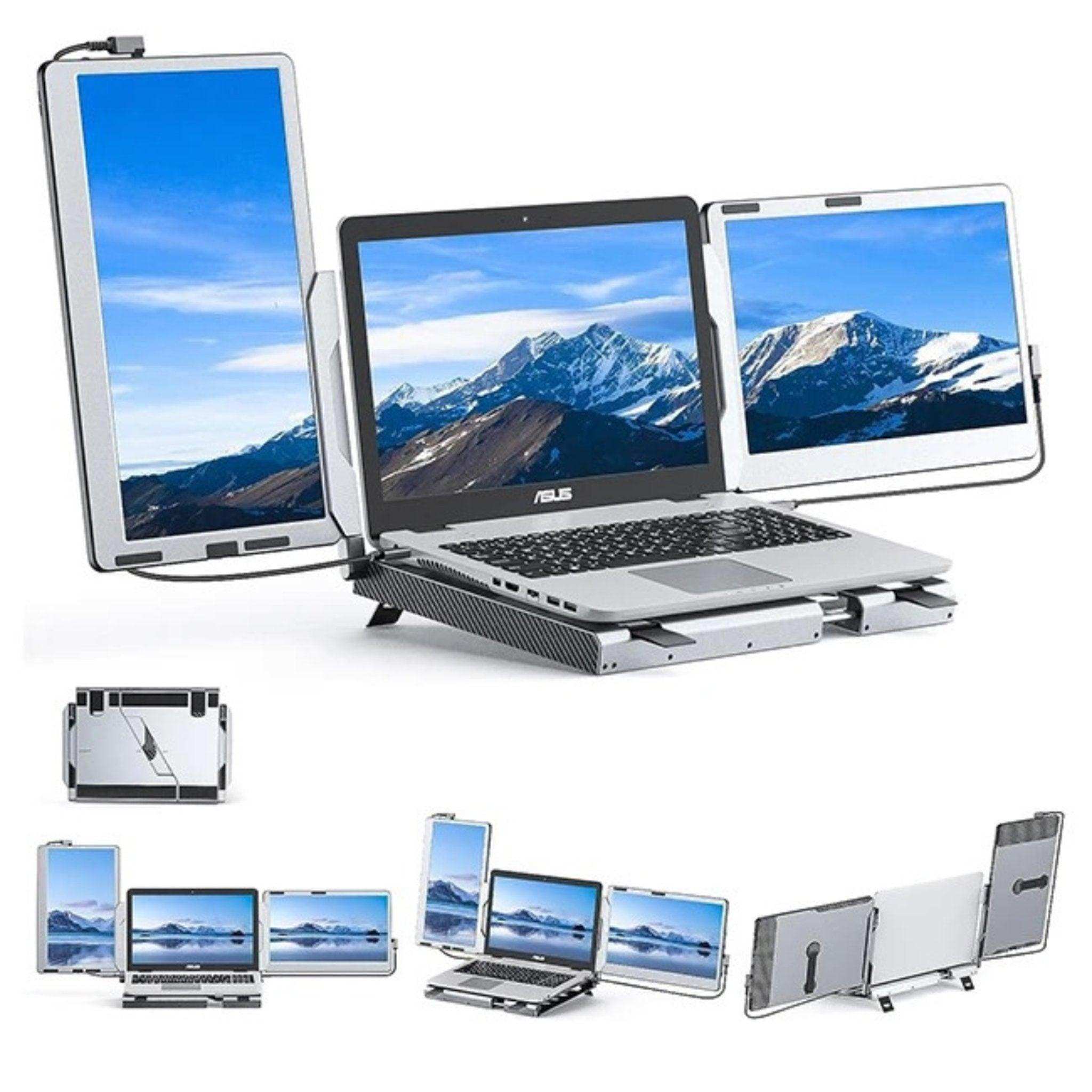 Portable laptop monitor extender with dual 14-inch 1080p screens, adjustable stand, and built-in speakers, attached to an Asus laptop. TUTT