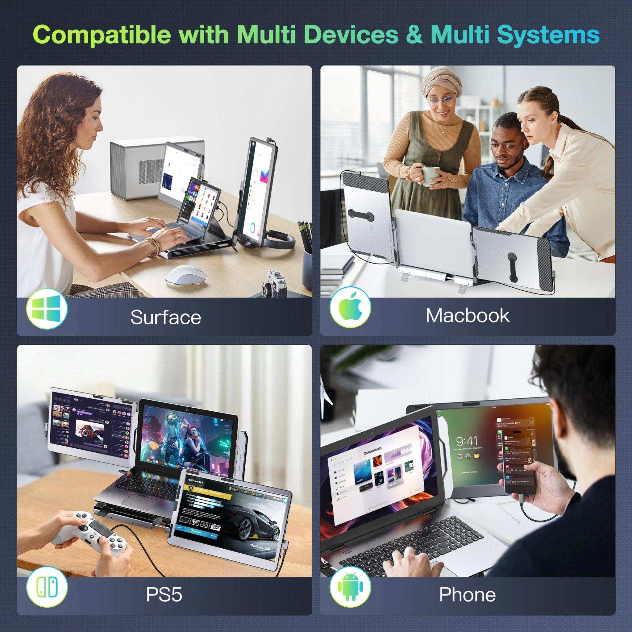 TUTT F2 portable laptop monitor screen extender shown with Surface, MacBook, PS5, and phone.