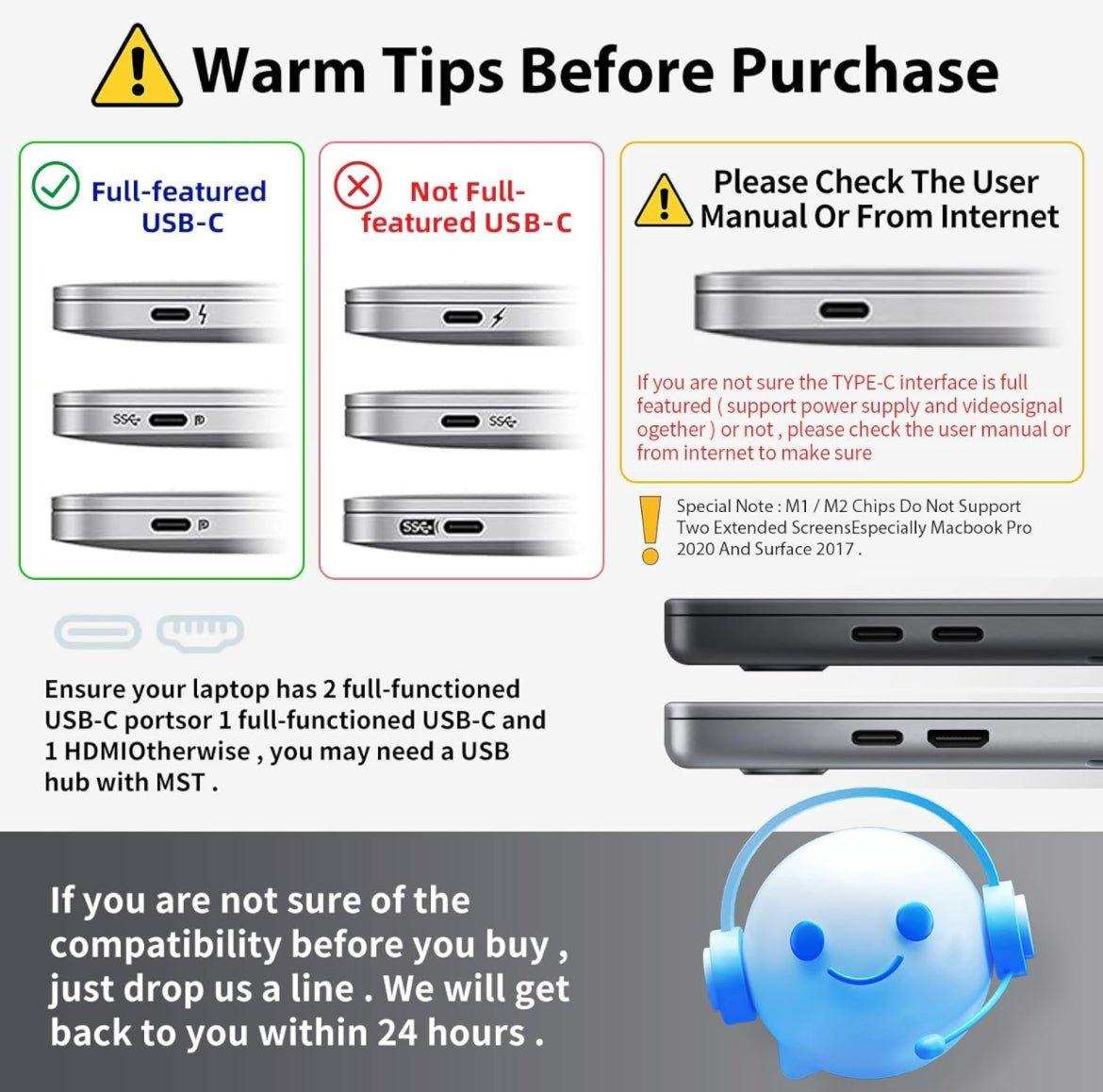 Guide showing full-featured vs non-full-featured USB-C ports for laptop monitor extender compatibility TUTT