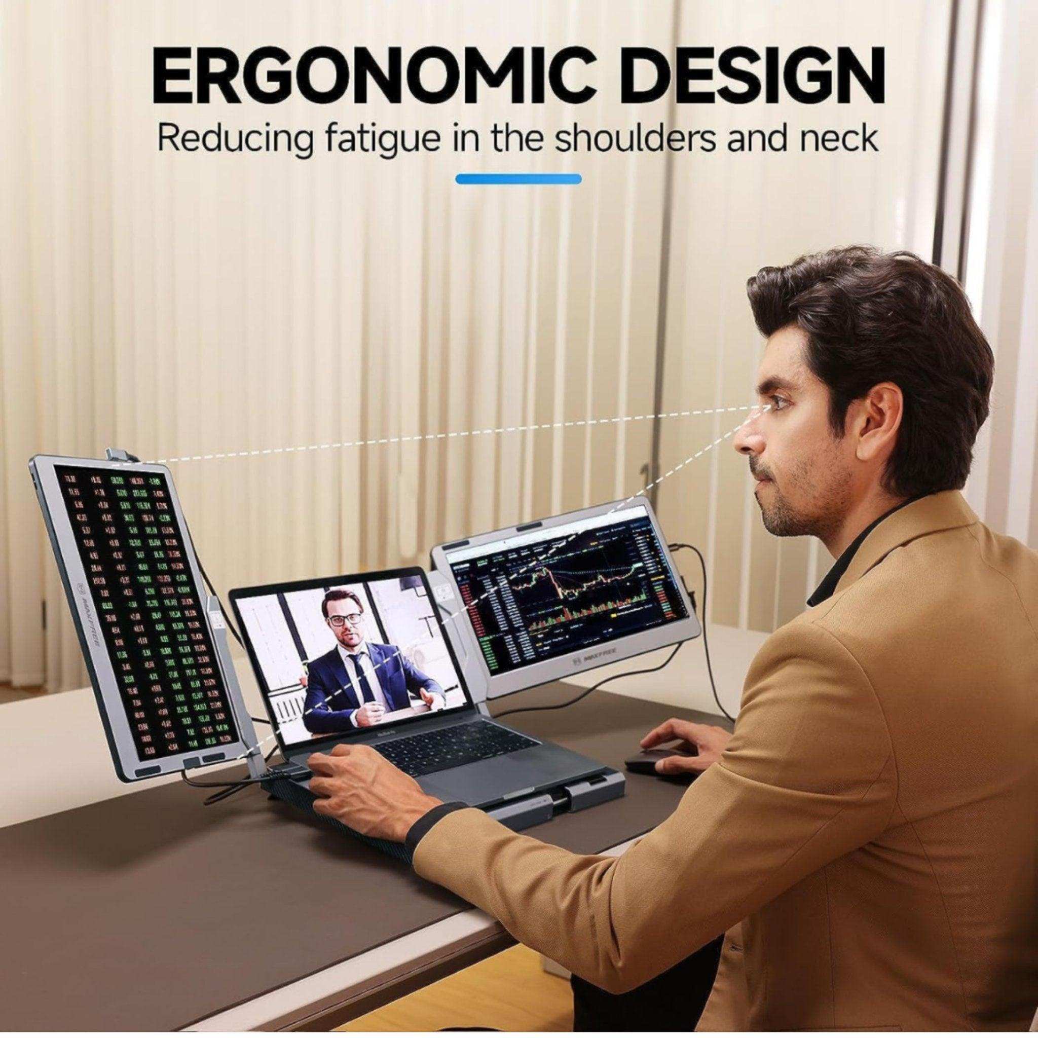 Man using TUTT F2 portable laptop monitor screen extender with triple display setup, ergonomic design, stock trading charts visible. TUTT