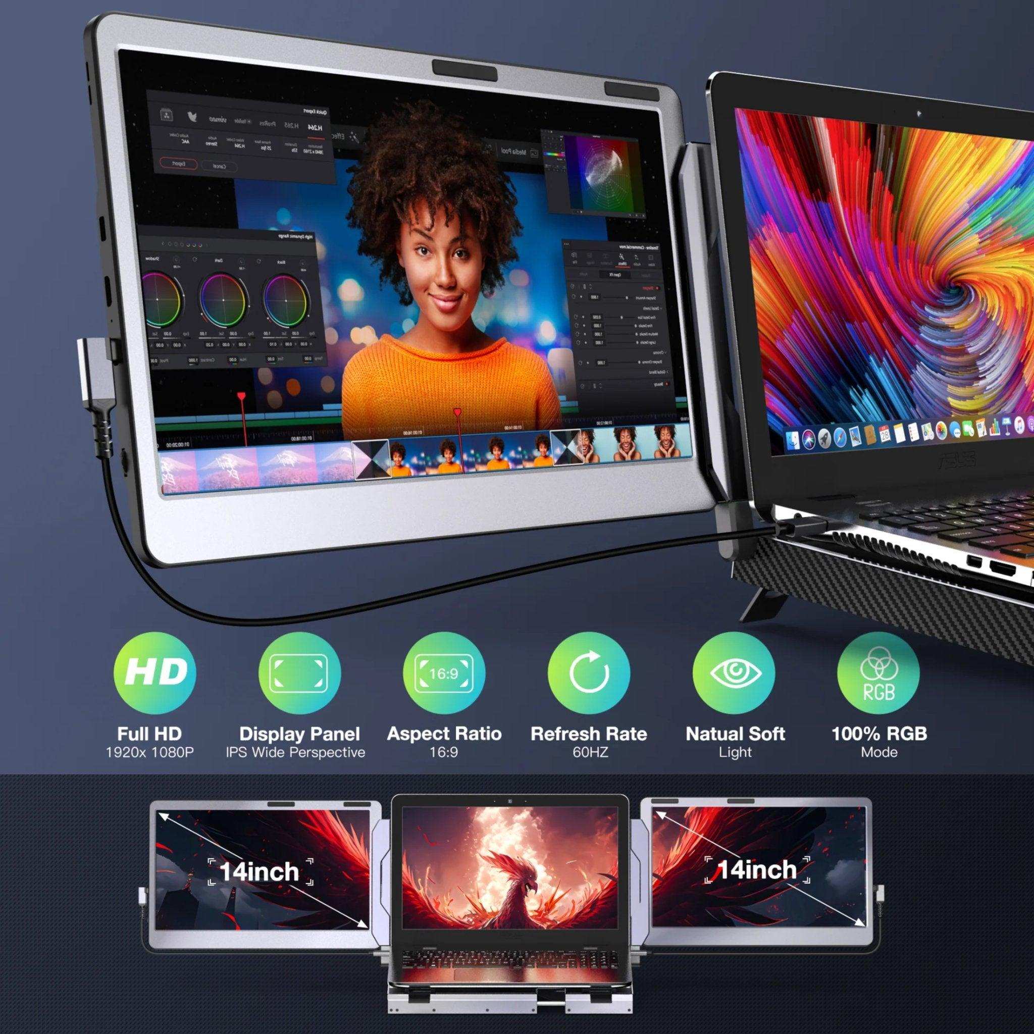 14-inch portable laptop monitor screen extender attached to a laptop, 1080p HD IPS display, TUTT