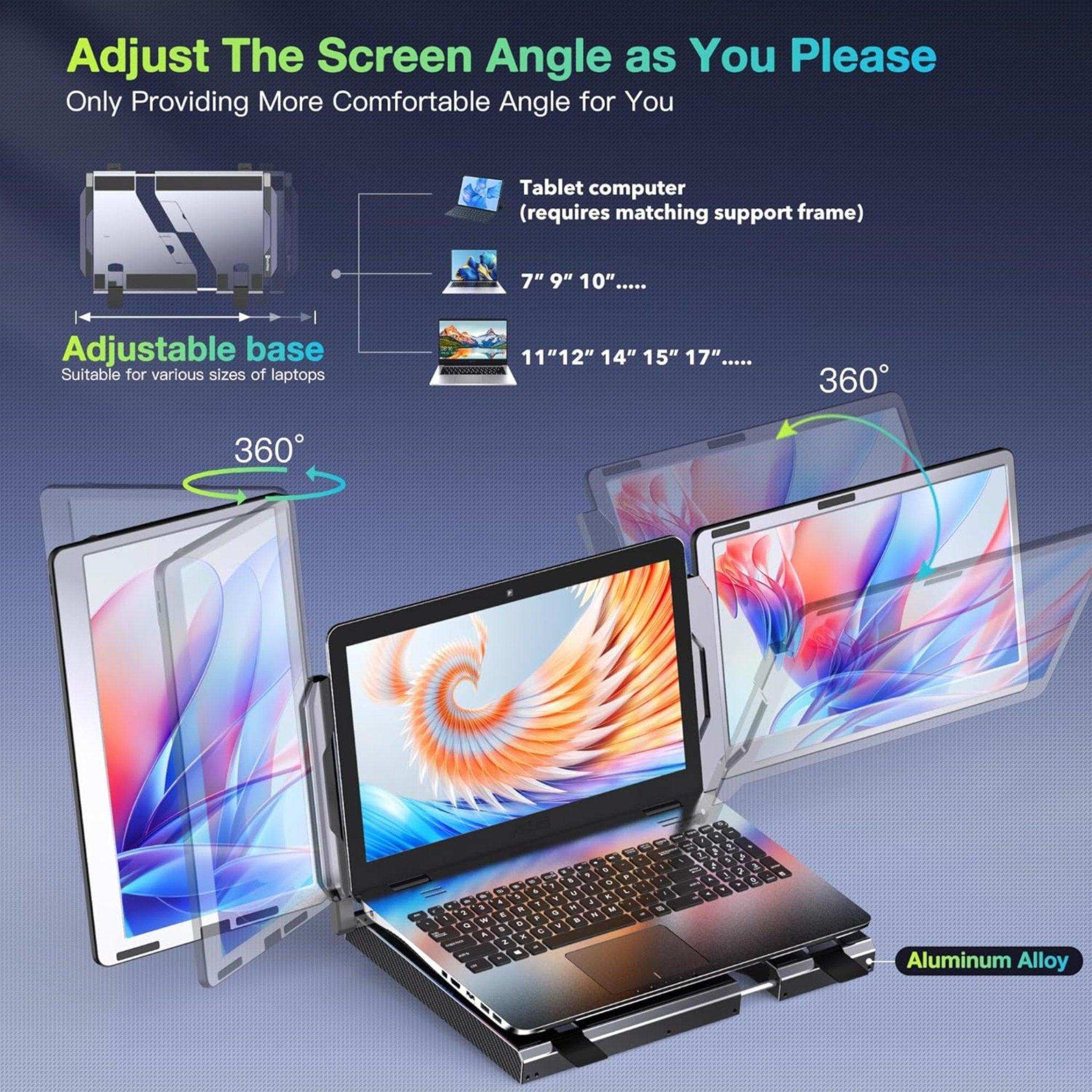 Portable laptop monitor extender with dual 360° rotating 14-inch HD screens on stand, TUTT