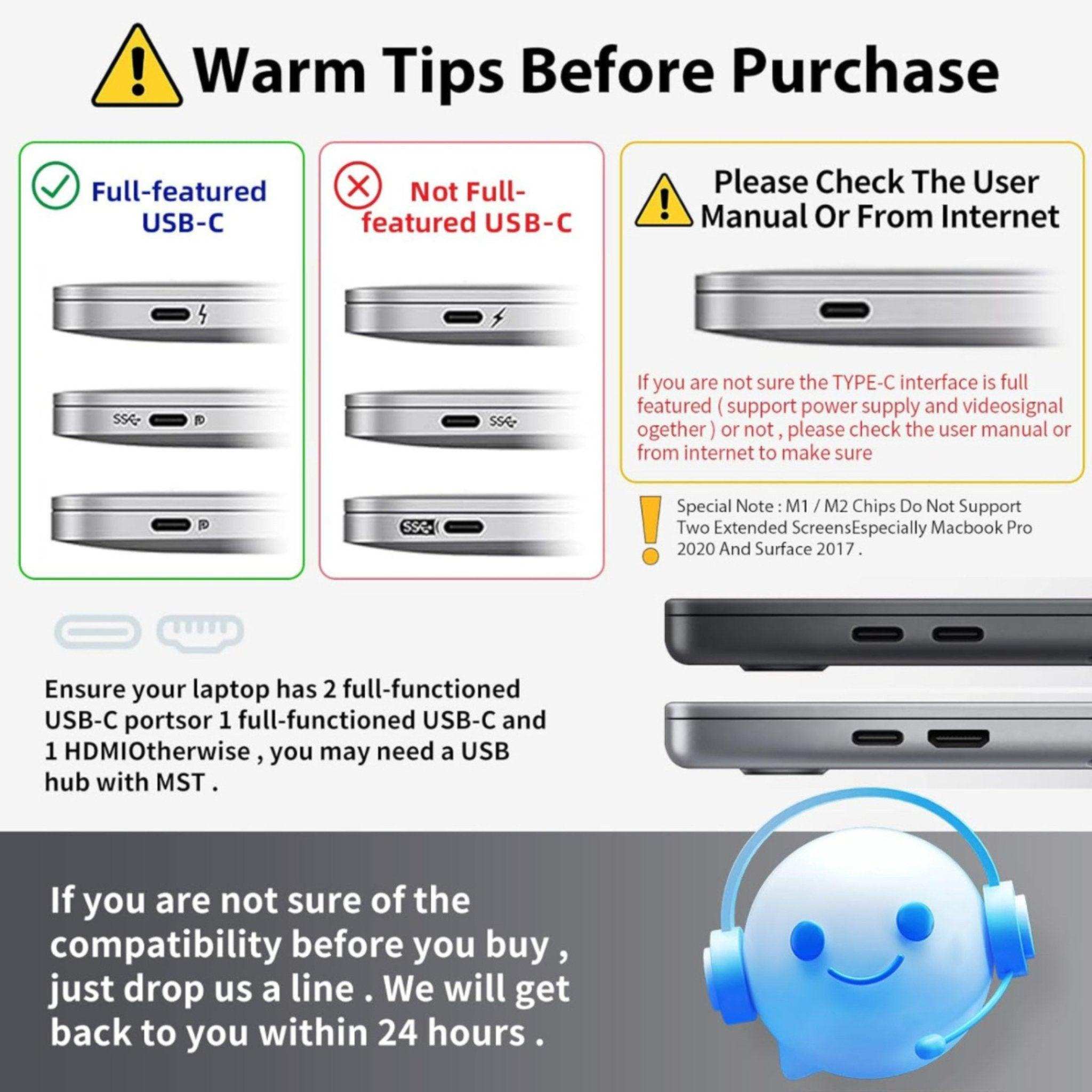 Laptop USB-C compatibility guide for TUTT F2 portable monitor screen extender, symbols and tips shown, TUTT