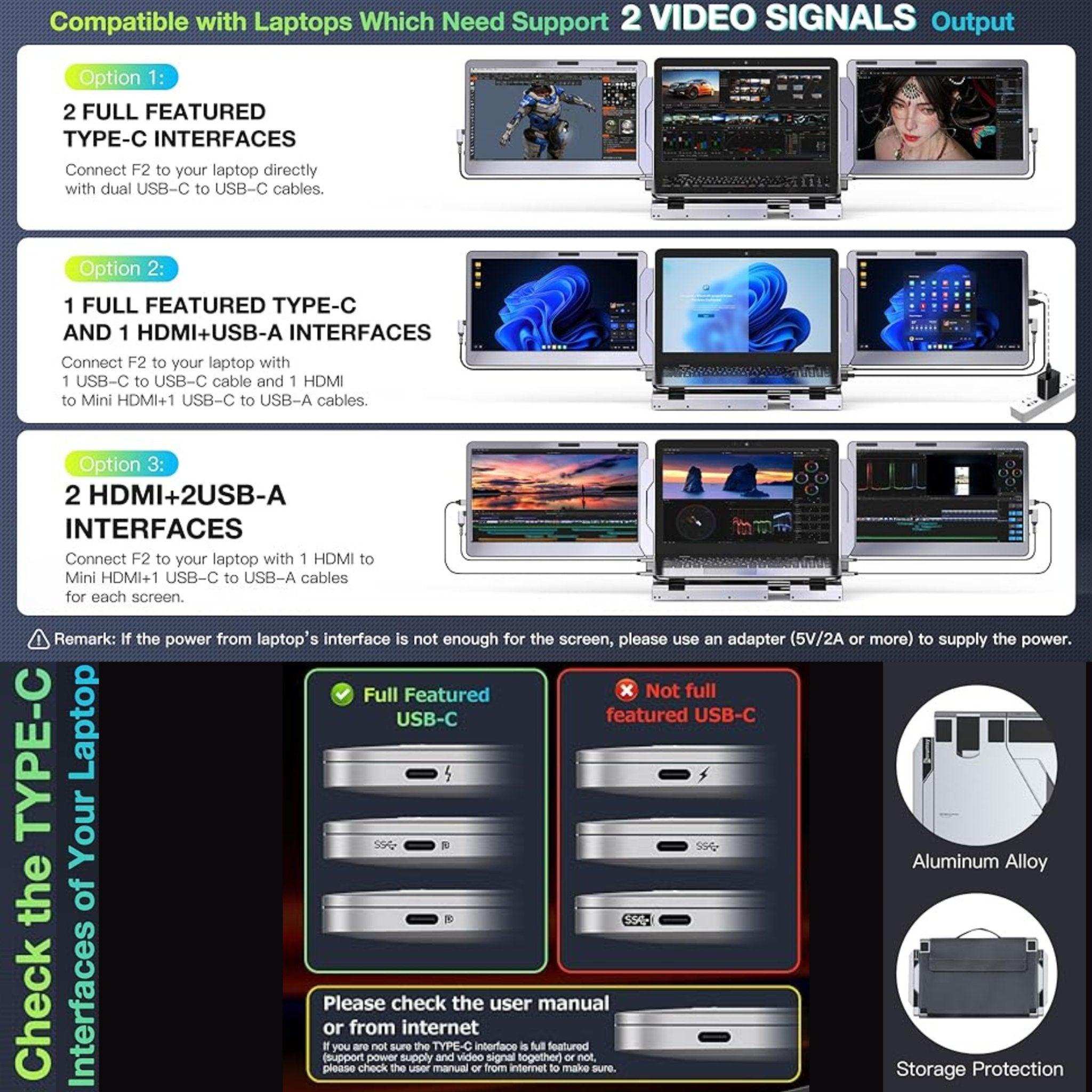 TUTT F2 portable laptop monitor 14-inch screen extender setup options, USB-C, HDMI, HD IPS, laptop compatibility, aluminum alloy design. TUTT