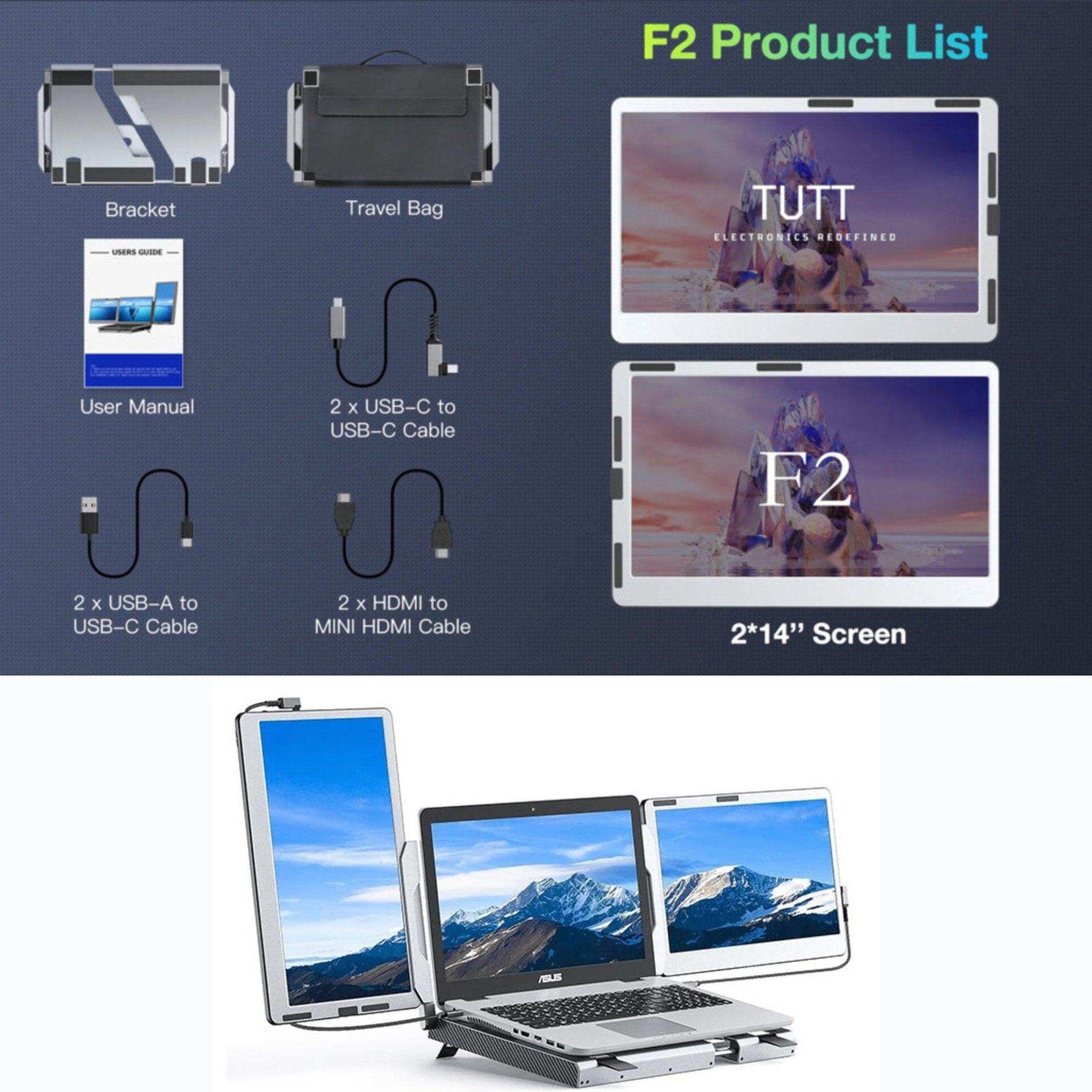 F2 portable laptop monitor extender dual 14-inch screens with accessories and ASUS laptop setup, TUTT