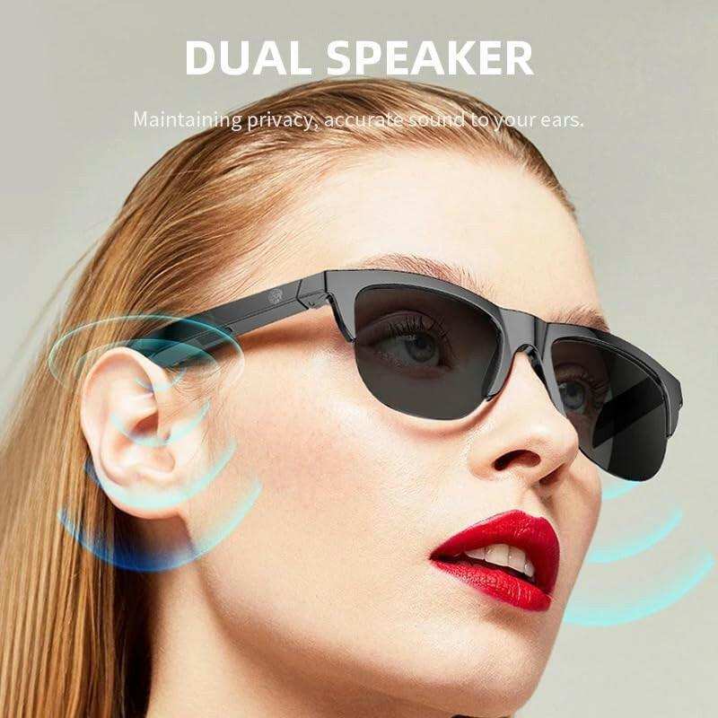 Woman wearing Bluetooth smart sunglasses with dual speakers, black frame, HD UV protection. TUTT