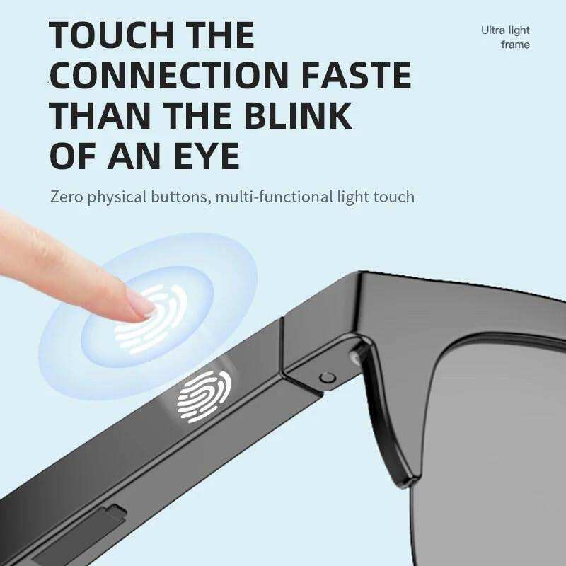 Finger touching touch control on black Bluetooth smart sunglasses with text overlay, TUTT