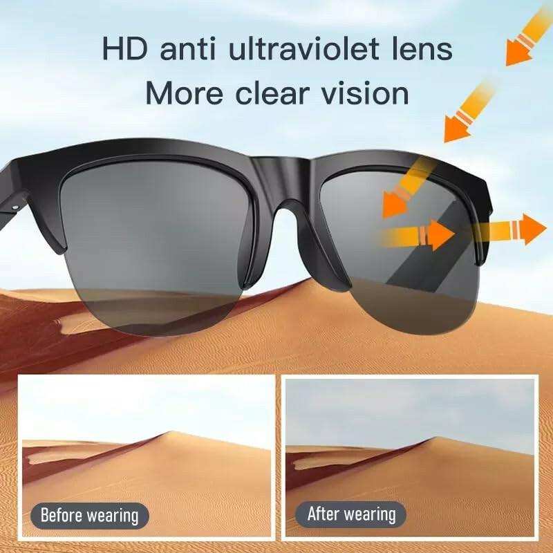Black Bluetooth smart sunglasses with HD UV protection lenses over sand dunes, vision comparison, TUTT