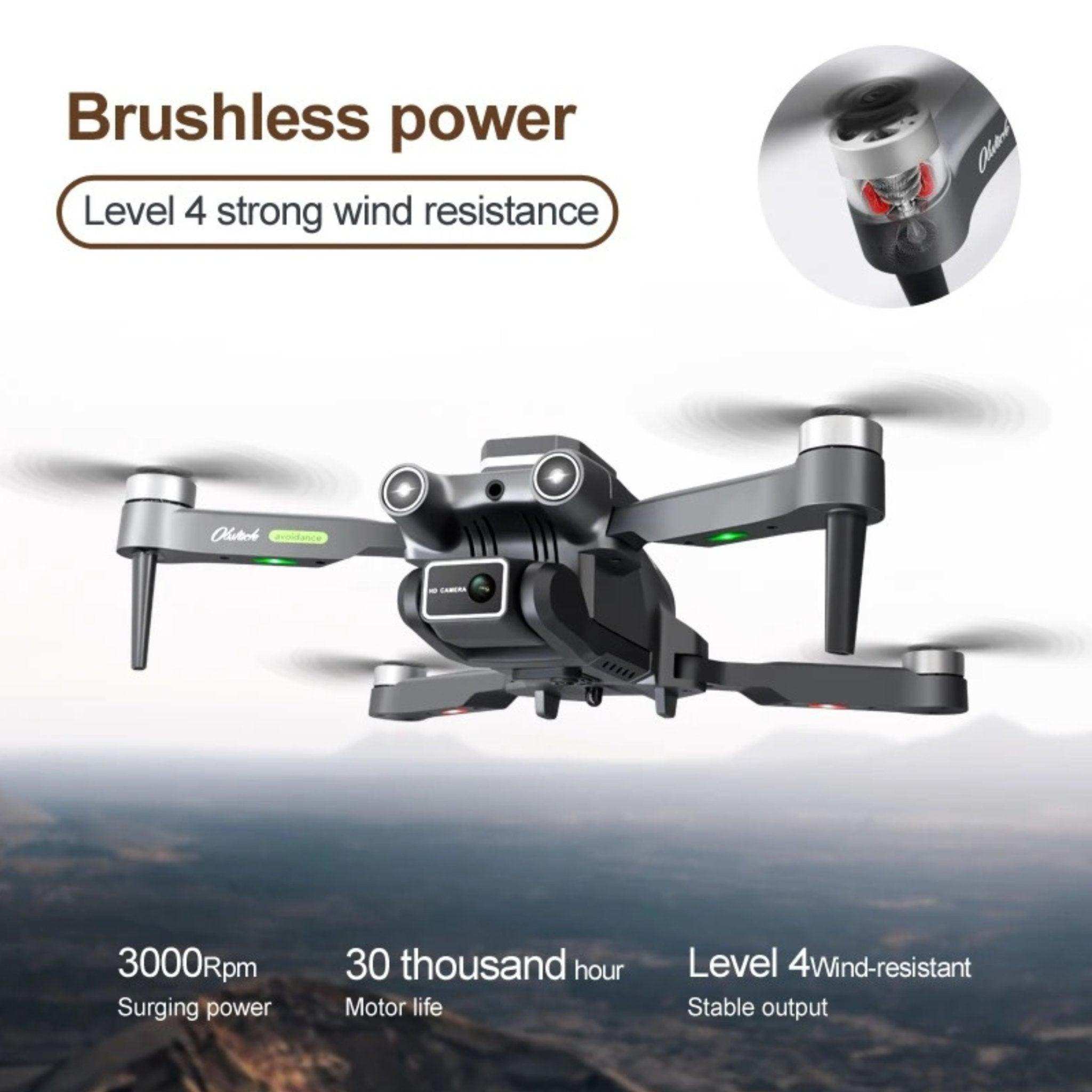 4K HD mini drone with foldable arms, brushless motor, hovering above landscape, features highlighted, TUTT