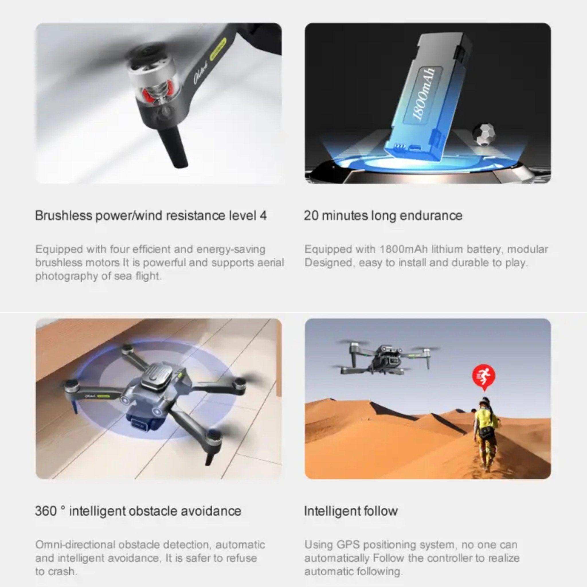 TUTT mini drone features: brushless motor, 20min battery, 360° obstacle avoidance, intelligent follow.